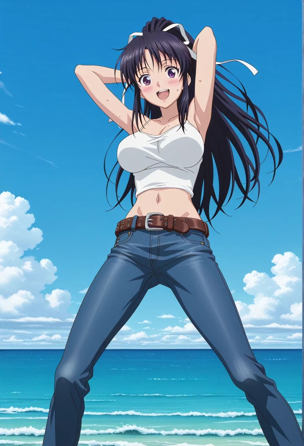 score_9, score_8_up, score_7_up, source_anime, highres, hi res, ((best quality, top quality, perfect quality, Highest Quality, amazing quality)), {{masterpiece}}, {{an extremely delicate and beautiful}}, 2d, intricate details, official style, anime, 8k, anime style, official_anime, official art, digital painting, cell shading, soft shading, high resolution, soothing tones, Subdued Color, Soft cinematic light, adobe lightroom, photolab, HDR, intricately and hyper-detailed, ((high quality animation)), 1 girl, Alone, solo, ((ocean)), tsunami, on the water, day, sunny, outdoors, sky, windy, kaori kanzaki, long hair, black hair, ribbon, white ribbon, very long hair, hair ribbon, ponytail, purple eyes, mature female, anime screencap, large breasts, white camisole top, crop top, white crop top, best quality, hyper-detailed jeans, belt, brown belt, ((blue jeans:1.9)), (dark blue jeans:0.6), full medium body, medium shot, Open mouth, smiling, happy face, blush, sweat, standing, ((arms behind head:6.0)), bowlegged, jumping pose, action, looking at viewer, spread legs, Bend knees slightly, straight-on front view
