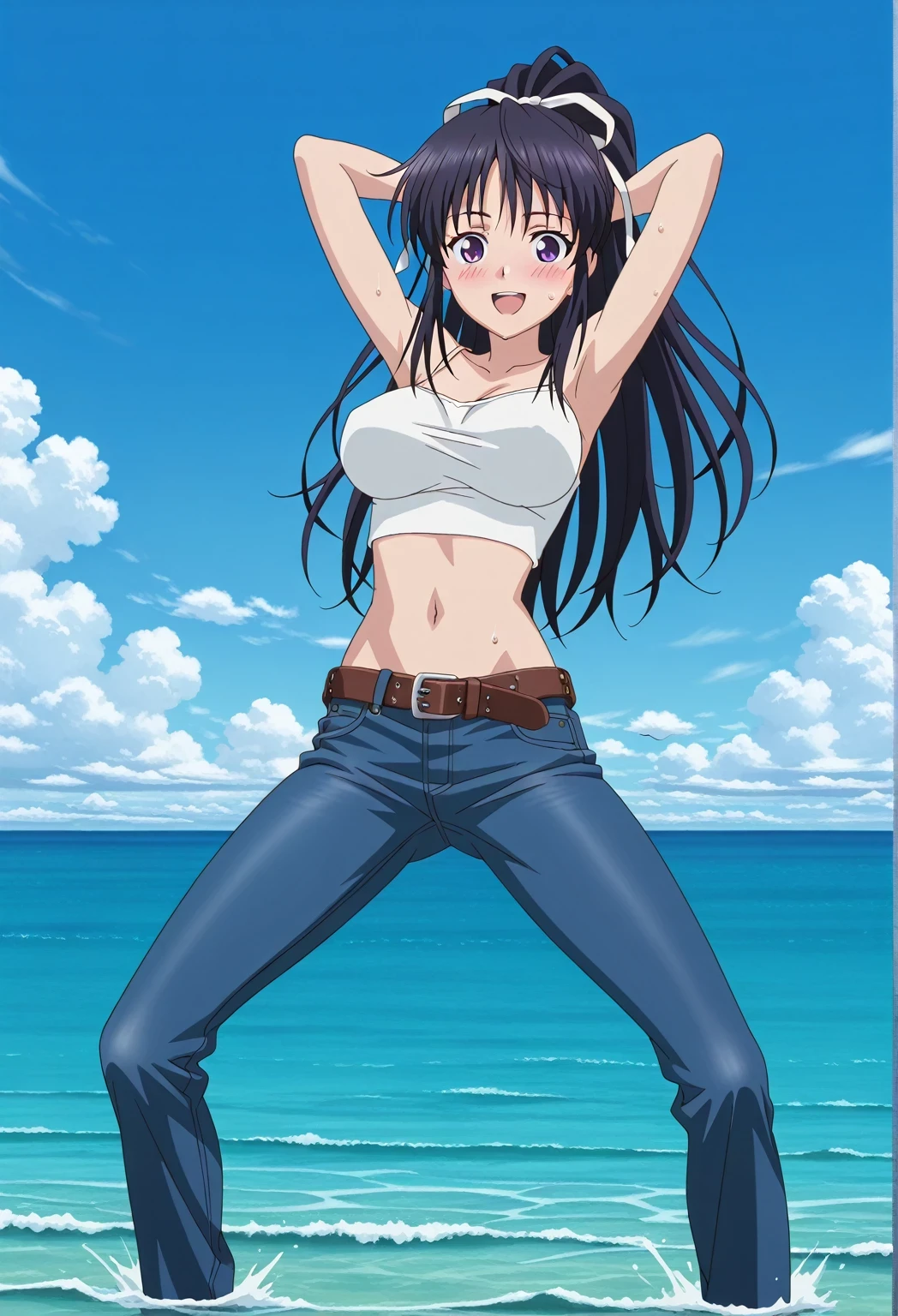 score_9, score_8_up, score_7_up, source_anime, highres, hi res, ((best quality, top quality, perfect quality, Highest Quality, amazing quality)), {{masterpiece}}, {{an extremely delicate and beautiful}}, 2d, intricate details, official style, anime, 8k, anime style, official_anime, official art, digital painting, cell shading, soft shading, high resolution, soothing tones, Subdued Color, Soft cinematic light, adobe lightroom, photolab, HDR, intricately and hyper-detailed, ((high quality animation)), 1 girl, Alone, solo, ((ocean)), tsunami, on the water, day, sunny, outdoors, sky, windy, kaori kanzaki, long hair, black hair, ribbon, white ribbon, very long hair, hair ribbon, ponytail, purple eyes, mature female, anime screencap, large breasts, white camisole top, crop top, white crop top, best quality, hyper-detailed jeans, belt, brown belt, ((blue jeans:1.9)), (dark blue jeans:0.6), full medium body, medium shot, Open mouth, smiling, happy face, blush, sweat, standing, ((arms behind head:6.0)), bowlegged, jumping pose, action, looking at viewer, spread legs, Bend knees slightly, straight-on front view