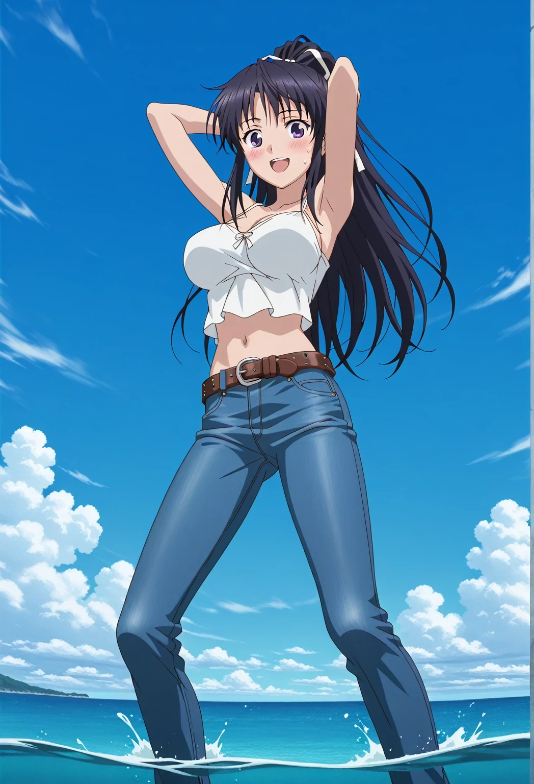 score_9, score_8_up, score_7_up, source_anime, highres, hi res, ((best quality, top quality, perfect quality, Highest Quality, amazing quality)), {{masterpiece}}, {{an extremely delicate and beautiful}}, 2d, intricate details, official style, anime, 8k, anime style, official_anime, official art, digital painting, cell shading, soft shading, high resolution, soothing tones, Subdued Color, Soft cinematic light, adobe lightroom, photolab, HDR, intricately and hyper-detailed, ((high quality animation)), 1 girl, Alone, solo, ((ocean)), tsunami, on the water, day, sunny, outdoors, sky, windy, kaori kanzaki, long hair, black hair, ribbon, white ribbon, very long hair, hair ribbon, ponytail, purple eyes, mature female, anime screencap, large breasts, white camisole top, crop top, white crop top, best quality, hyper-detailed jeans, belt, brown belt, ((blue jeans:1.9)), (dark blue jeans:0.6), full medium body, medium shot, Open mouth, smiling, happy face, blush, sweat, standing, ((arms behind head:6.0)), bowlegged, jumping pose, action, looking at viewer, spread legs, Bend knees slightly, straight-on front view