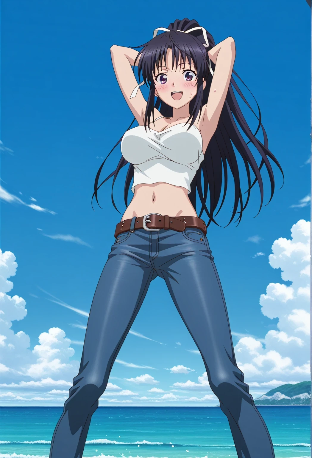 score_9, score_8_up, score_7_up, source_anime, highres, hi res, ((best quality, top quality, perfect quality, Highest Quality, amazing quality)), {{masterpiece}}, {{an extremely delicate and beautiful}}, 2d, intricate details, official style, anime, 8k, anime style, official_anime, official art, digital painting, cell shading, soft shading, high resolution, soothing tones, Subdued Color, Soft cinematic light, adobe lightroom, photolab, HDR, intricately and hyper-detailed, ((high quality animation)), 1 girl, Alone, solo, ((ocean)), tsunami, on the water, day, sunny, outdoors, sky, windy, kaori kanzaki, long hair, black hair, ribbon, white ribbon, very long hair, hair ribbon, ponytail, purple eyes, mature female, anime screencap, large breasts, white camisole top, crop top, white crop top, best quality, hyper-detailed jeans, belt, brown belt, ((blue jeans:1.9)), (dark blue jeans:0.6), full medium body, medium shot, Open mouth, smiling, happy face, blush, sweat, standing, ((arms behind head:6.0)), bowlegged, jumping pose, action, looking at viewer, spread legs, Bend knees slightly, straight-on front view