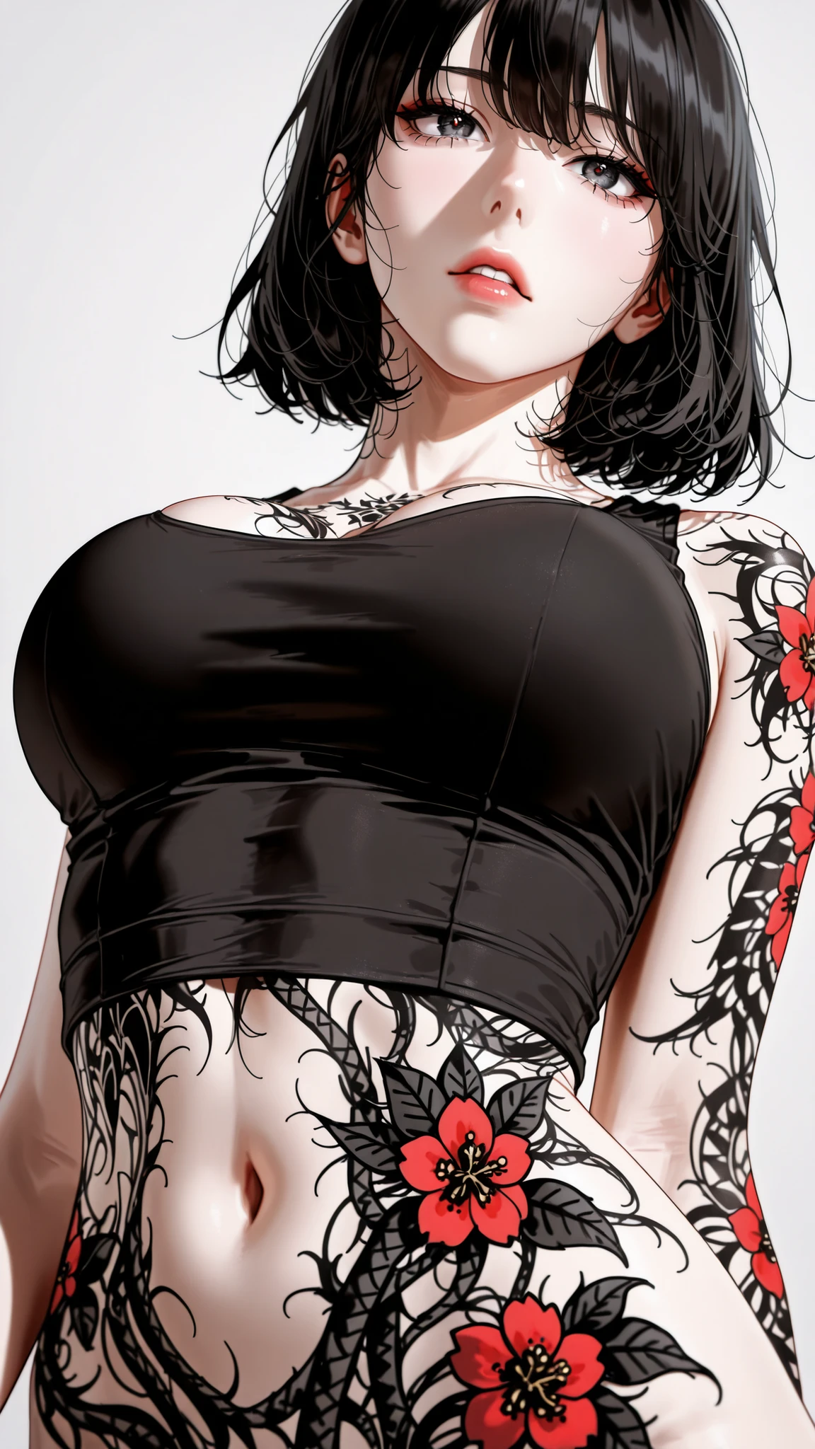 han sooyoung, big naked breasts, fully nude, golden ratio, proper composition, BEAUTIFUL ILLUSTRATION (masterpiece, detailed: 1.2), maorix, score 9, score 8, score 7, score 6, score 5, 1 girl, han sooyoung, huge breasts, close up, top quality, 8k, top quality, beautiful japanese woman, teen, 表情の close up, detailed eyes, careful black iris, high resolution, beautiful japanese woman with big breasts standing, anatomically correct ratio: 1.331, small head: 1.331, upper body angle, detailed skin, detailed face, dynamic pose, viewer looks at her, gray background, black hair, short hair, transparent gray eyes, whole body tattoo, red and black flower tatoo, Black crop top.