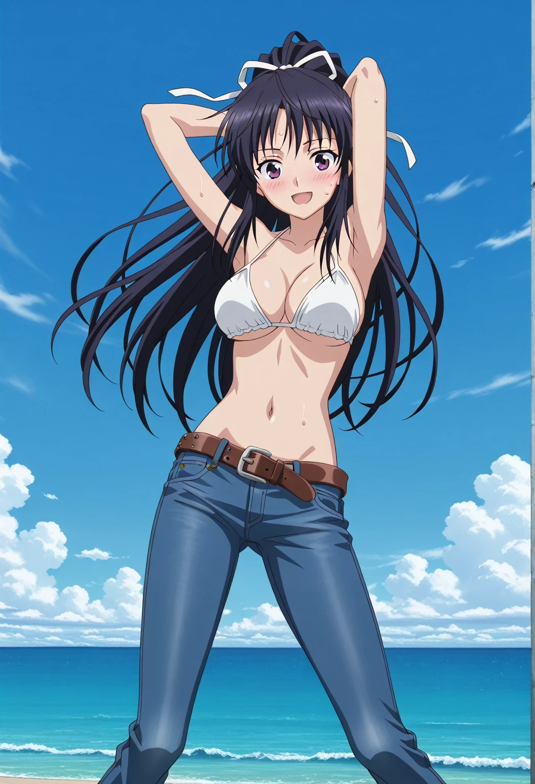 score_9, score_8_up, score_7_up, source_anime, highres, hi res, ((best quality, top quality, perfect quality, Highest Quality, amazing quality)), {{masterpiece}}, {{an extremely delicate and beautiful}}, 2d, intricate details, official style, anime, 8k, anime style, official_anime, official art, digital painting, cell shading, soft shading, high resolution, soothing tones, Subdued Color, Soft cinematic light, adobe lightroom, photolab, HDR, intricately and hyper-detailed, ((high quality animation)), 1 girl, Alone, solo, ((ocean)), tsunami, on the water, day, sunny, outdoors, sky, windy, kaori kanzaki, long hair, black hair, ribbon, white ribbon, very long hair, hair ribbon, ponytail, purple eyes, mature female, anime screencap, large breasts, white bikini top, best quality, hyper-detailed jeans, belt, brown belt, ((blue jeans:1.9)), (dark blue jeans:0.6), full medium body, medium shot, Open mouth, smiling, happy face, blush, sweat, standing, ((arms behind head:6.0)), bowlegged, jumping pose, action, looking at viewer, spread legs, Bend knees slightly, straight-on front view