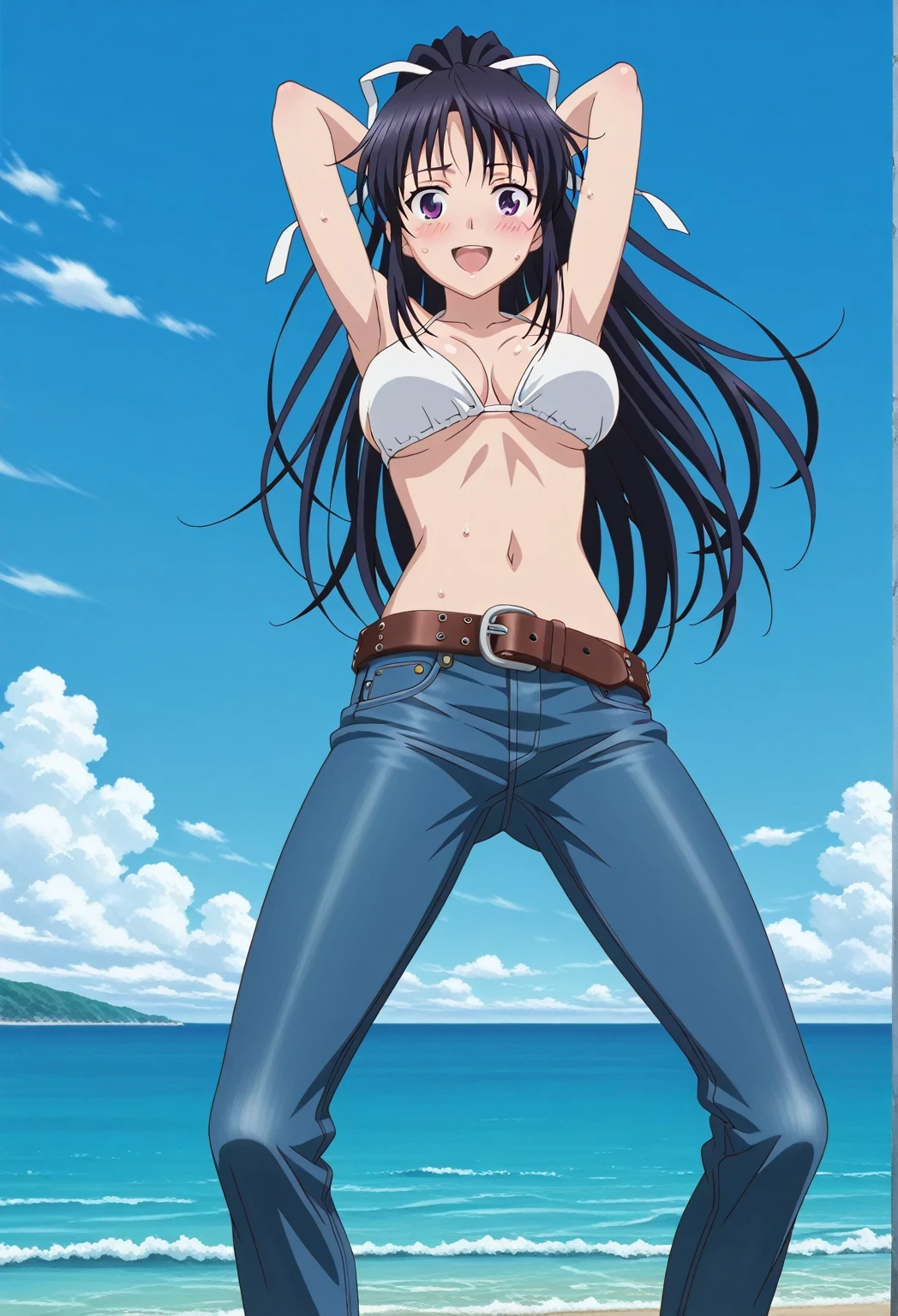 score_9, score_8_up, score_7_up, source_anime, highres, hi res, ((best quality, top quality, perfect quality, Highest Quality, amazing quality)), {{masterpiece}}, {{an extremely delicate and beautiful}}, 2d, intricate details, official style, anime, 8k, anime style, official_anime, official art, digital painting, cell shading, soft shading, high resolution, soothing tones, Subdued Color, Soft cinematic light, adobe lightroom, photolab, HDR, intricately and hyper-detailed, ((high quality animation)), 1 girl, Alone, solo, ((ocean)), tsunami, on the water, day, sunny, outdoors, sky, windy, kaori kanzaki, long hair, black hair, ribbon, white ribbon, very long hair, hair ribbon, ponytail, purple eyes, mature female, anime screencap, large breasts, white bikini top, best quality, hyper-detailed jeans, belt, brown belt, ((blue jeans:1.9)), (dark blue jeans:0.6), full medium body, medium shot, Open mouth, smiling, happy face, blush, sweat, standing, ((arms behind head:6.0)), bowlegged, jumping pose, action, looking at viewer, spread legs, Bend knees slightly, straight-on front view