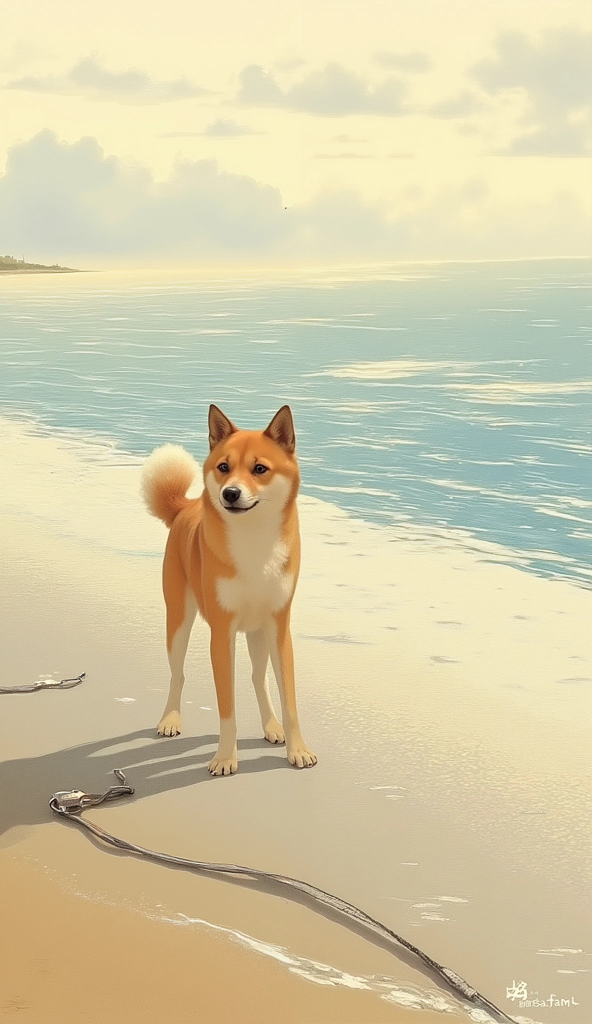 A Shiba Inu stands thoughtfully at the edge of the ocean, It has an inquisitive, thoughtful pose. The dog's fur glows with warmth, in shades of golden , soft contrast, Pastel sea foam swirls around its paws. The waves are calm , Rhythmic tides caress the shore, Creates a calming background. The sky above is a muted palette of muted beige and light gray, It is reminiscent of an overcast day or the soft light of early morning or evening. The scene has a sense of tranquility and introspection, A dog is in contact with the vast ocean, A lead being dragged across the sand. The overall atmosphere is one of peaceful solitude, It evokes a quiet connection with nature. The artistic style resembles a painting, Delicate brushstrokes and a harmonious color combination.