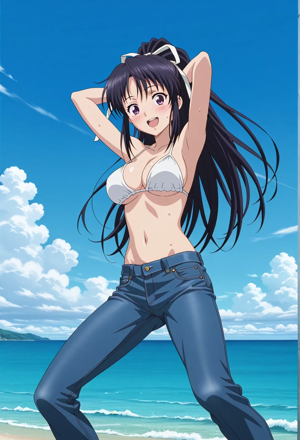score_9, score_8_up, score_7_up, source_anime, highres, hi res, ((best quality, top quality, perfect quality, Highest Quality, amazing quality)), {{masterpiece}}, {{an extremely delicate and beautiful}}, 2d, intricate details, official style, anime, 8k, anime style, official_anime, official art, digital painting, cell shading, soft shading, high resolution, soothing tones, Subdued Color, Soft cinematic light, adobe lightroom, photolab, HDR, intricately and hyper-detailed, ((high quality animation)), 1 girl, Alone, solo, ((ocean)), tsunami, on the water, day, sunny, outdoors, sky, windy, kaori kanzaki, long hair, black hair, ribbon, white ribbon, very long hair, hair ribbon, ponytail, purple eyes, mature female, anime screencap, large breasts, white bikini top, best quality, hyper-detailed jeans, ((blue jeans:1.9)), (dark blue jeans:0.6), full medium body, medium shot, Open mouth, smiling, happy face, blush, sweat, standing, ((arms behind head:6.0)), bowlegged, jumping pose, action, looking at viewer, spread legs, Bend knees slightly, straight-on front view