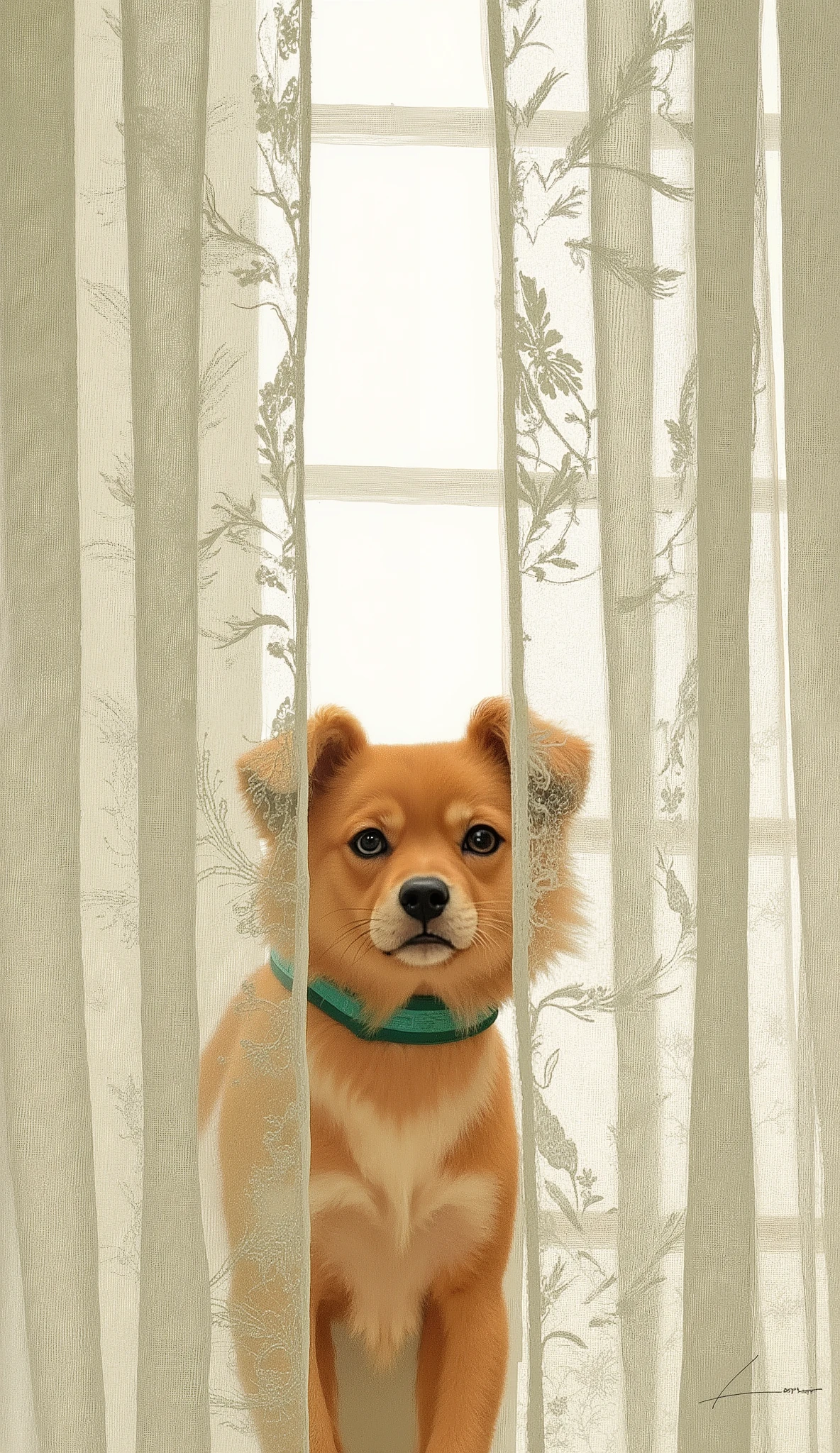 Hall々the texture of fur and lace blends seamlessly, Lace curtains decorated with intricate floral patterns. The dog's reddish brown fur and alert profile、Translucent fabric, and mainly adds color contrast in a light-colored background {x} creates a multi-layered visual effect that suggests both curiosity and serenity. The light gently shines through the curtain, Soft Cast, Diffused light that spreads throughout the scene, introduces temporal context into the timeless composition. The puppy wears a modest green collar, stands behind a transparent curtain. The calm colors evoke serenity, Early morning amenities, emphasizes a sense of quiet anticipation. A casual date stamp on the lower right corner, 「2022.03.28,」That、that captures the moment that has been awaited. The overall atmosphere is gentle introspective, The dog is careful.