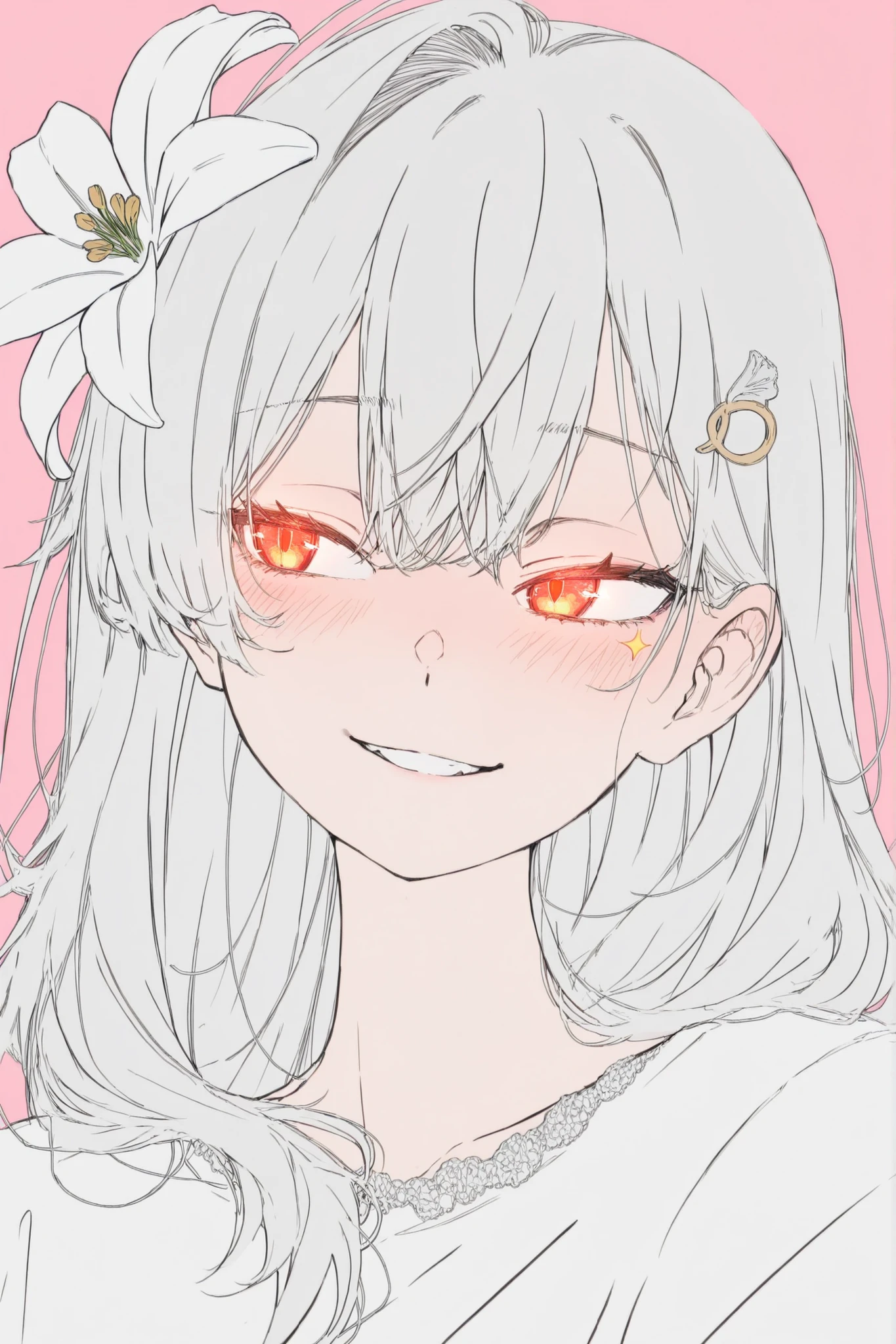 anime style portrait of a beautiful 18 years old girl, white silver hair with sharp clean lines, slightly messy medium length hair with side bangs, small twin hair ornaments shaped like white lilies, glowing red slit eyes, subtle blush on cheeks, confident teasing smile, soft pink background, flat cell-shaded coloring, bold lineart, simple yet expressive face, detailed eyes, minimal shading, cute but mature look, long hair, anime character design illustration, expressive and charming, spiky artline.