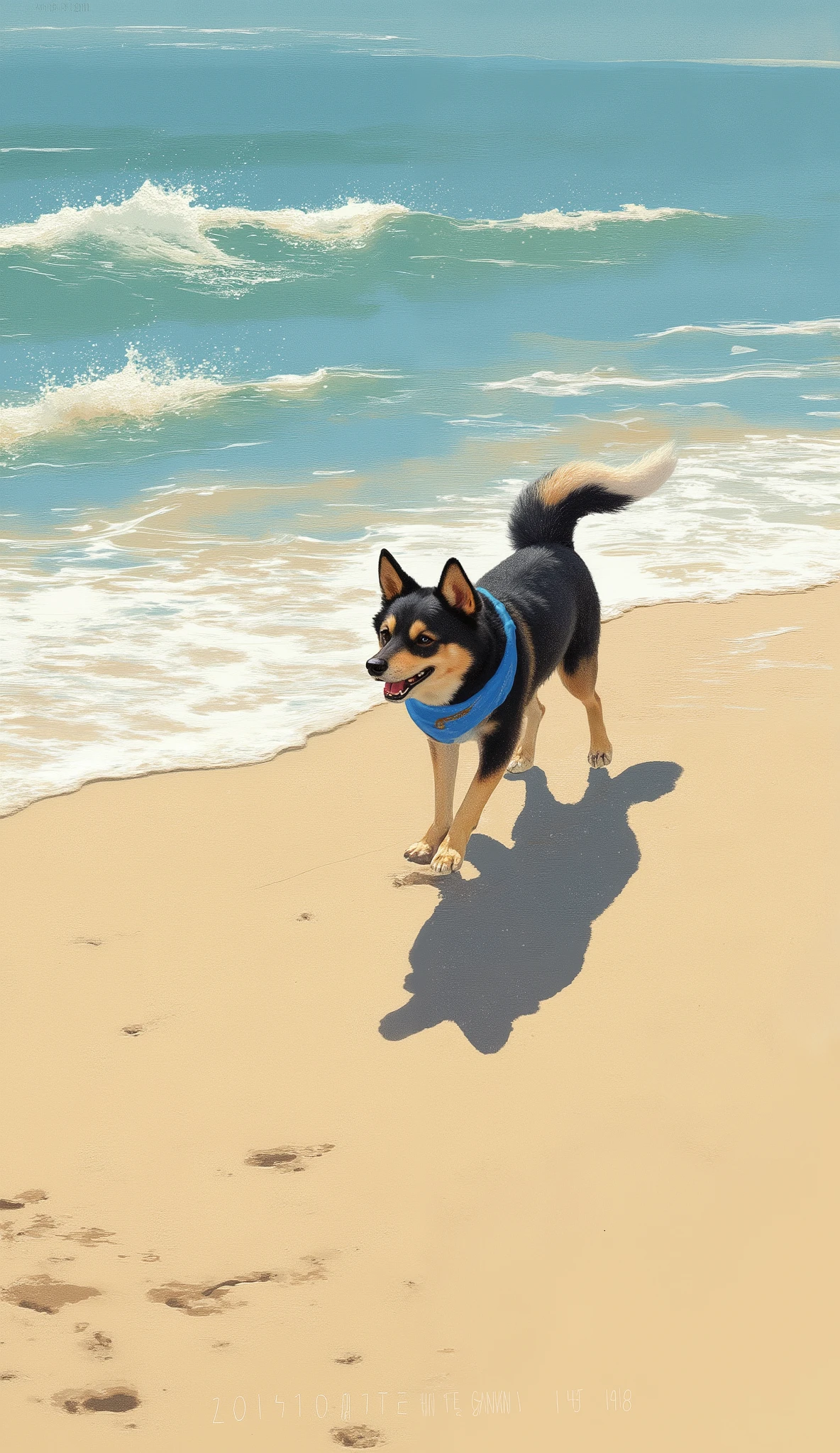 A small, agile dog, likely a Shiba Inu, frolics playfully along the shoreline, leaving a trail of paw prints in the sand. Its fur is a rich blend of black and tan, accented by a bright blue collar. The atmosphere is light-hearted and whimsical, enhanced by the unique artistic style that gives the image a painted, digital art feel. Waves gently lap the shore, creating a gradient of blues and whites in the background, contrasting with the softer beige and yellow tones of the sand. The composition captures the dog's mid-step, conveying a sense of motion and freedom. Light reflects off the water's surface, creating shimmering highlights that add a touch of magic. In the bottom left corner, the date "2019-11-01" is subtly inscribed, suggesting a specific moment captured in time.