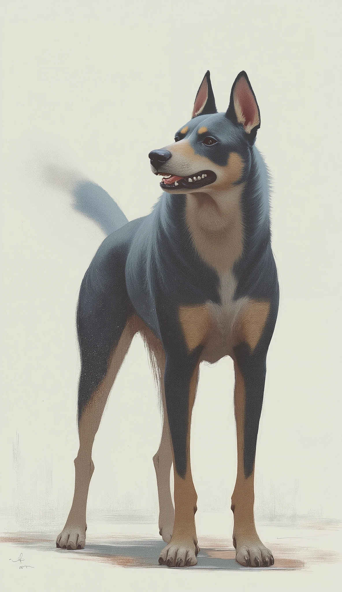 デジタルペインティングでteeth、Lean your body slightly、depicts a dog standing facing the left of the person looking at the head. 犬の体格teethしっかりしています, Wide head, and pointed ears, of the lower back、The depth of the image. カラーパレットteeth落ち着いたグレースケールシェード, 。原色teethライトグレーで、covers most of the dog's coat。. 濃いグレーの色調teeth脚の近くの部分を強調します, face, And she has ears , highlights the dog's characteristics and adds subtlety. 背景teeth白です, teeth、犬が構図の焦点になるようなteethっきりとしたコントラストを示しています。. 犬の表情teethニュートラル, 、姿勢teethリラックスしていますが注意深いです. 色teethシンプルですが, shows a sharp contrast where the dog is the focus of the composition {x} The image effectively captures the essence of dogs born from a minimalistic yet expressive style.