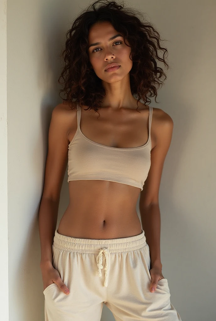 Cute, skinny, small woman wearing terry cloth short shorts , wearing a cloth belly shirt, face, 18 years old, realistic, hdr, canon shot, beautiful face, full body, black curly hair