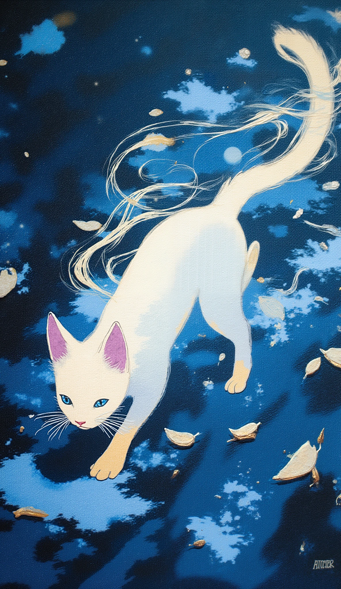 A beautiful illustration of a cat adorns the canvas, teeth、It strides gracefully forward with determination and curiosity。. このネコ科動物teeth、create a dreamlike atmosphere. This is an artistic interpretation, not a literal depiction{x}The cat wears a white fur coat with subtle blue hues that blend seamlessly with the surrounding elements. アーティストteethパレットを巧みに使用しています柔らかな青と白の, creates a fantastic atmosphere. Gold accents add elegance to the work, Highlighting the contours and shadows of the cat's fur.
Background, Dark blue abstract leaves、明るいBackground現れます, The leaves cast soft shadows、matches the overall color scheme. 構図teethバランスが取れている, The cat takes center stage, Slightly off-center, A beautiful illustration of a cat pervades the painting. 作品の質感teeth水彩画やインクウォッシュを模倣しています, teeth夢のような雰囲気を醸し出しています文字通りの描写でteethなく芸術的な解釈. 呼び起こされるムードteeth穏やかで瞑想的です, 。 in a mysterious environment 、You'll want to contemplate the beauty of this gentle creature。.