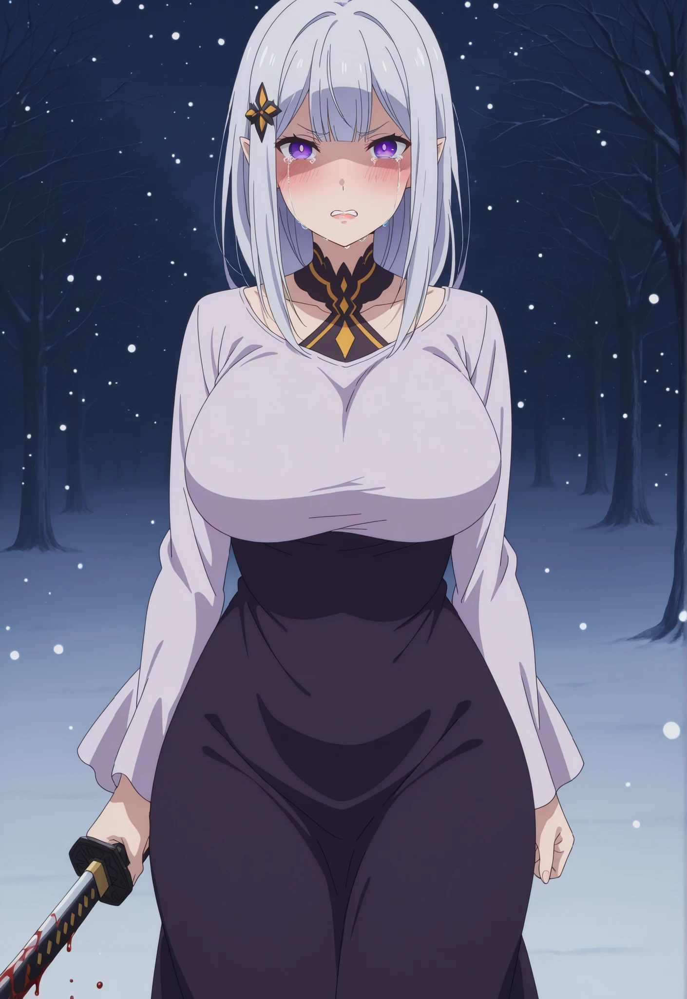 newest , masterpiece , anime screencap , anime coloring , adult ReZero, Solo, long dress, Satella, Anime, 1girl, Mature Female, pointy ears, hair ornament, blush, silver hair, long hair, lips, purple eyes, big breasts, view detailed body, Curvy, old Japanese townscape, standing, snowing , winter , looking at viewer , blood tears , crying , yandere , holding a katana , angry , grit teeth ,