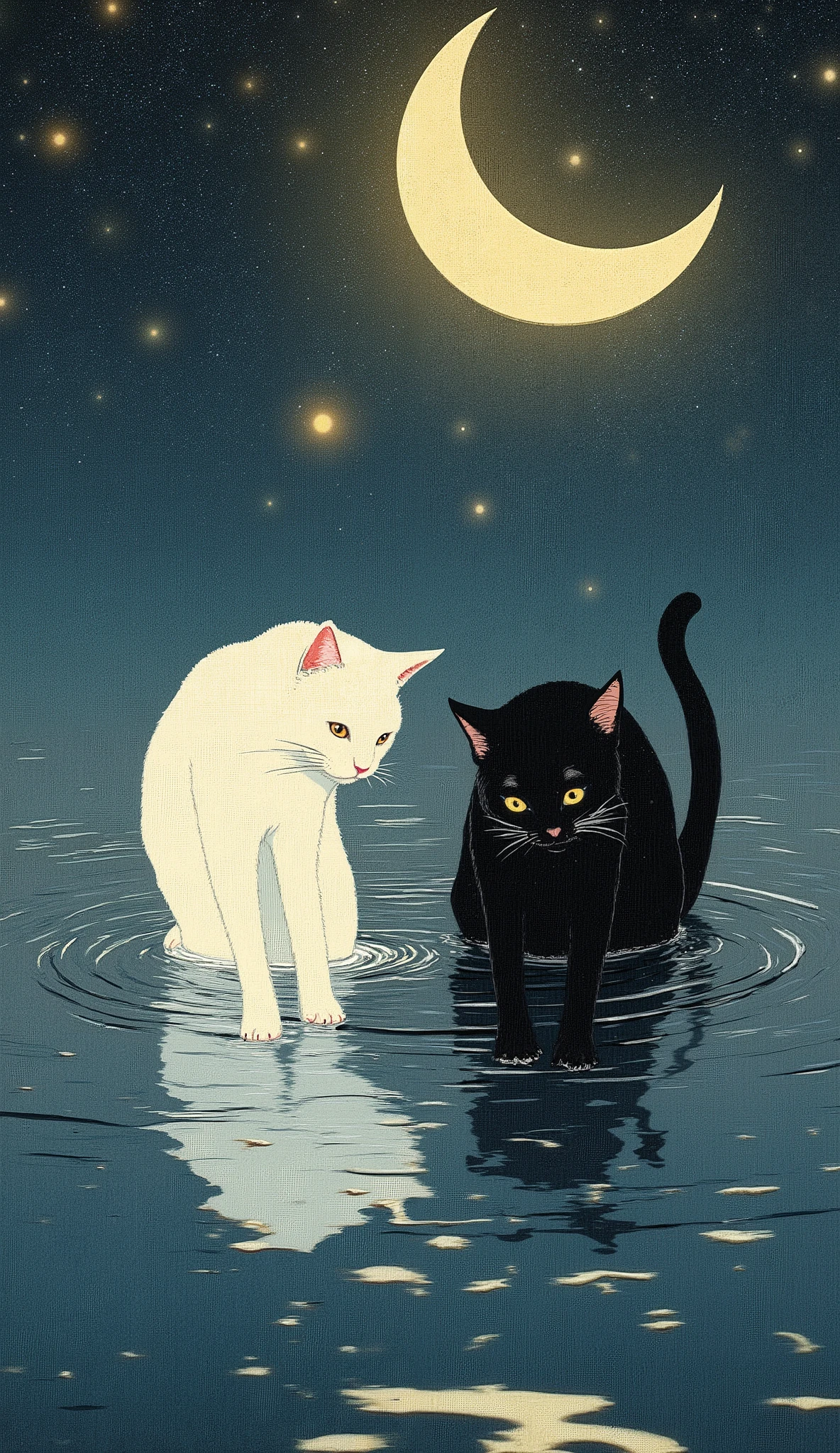 It's a fascinating illustration, I'm watching black and white cats reflect on the surface of the water. The cats are arranged side by side, both animals face the surface of the water Lowered. creates a captivating visual effect and、The white cat appears on top of the dark reflection, and the black cat is shown below. The gentle ripples of the water add dynamic movement, enhances the dreamy texture of the scene. The background is adorned with an array of stars and a crescent moon, enriches the image with the atmosphere of the night sky. The color palette is a mixture of soft tones and deep contrasts, it gives a sense of balance and harmony. The cat's eyes are wide open, combines curiosity and calm, The overall atmosphere is calm yet interesting, invites you to think about the symbolic interaction of light and shadow.