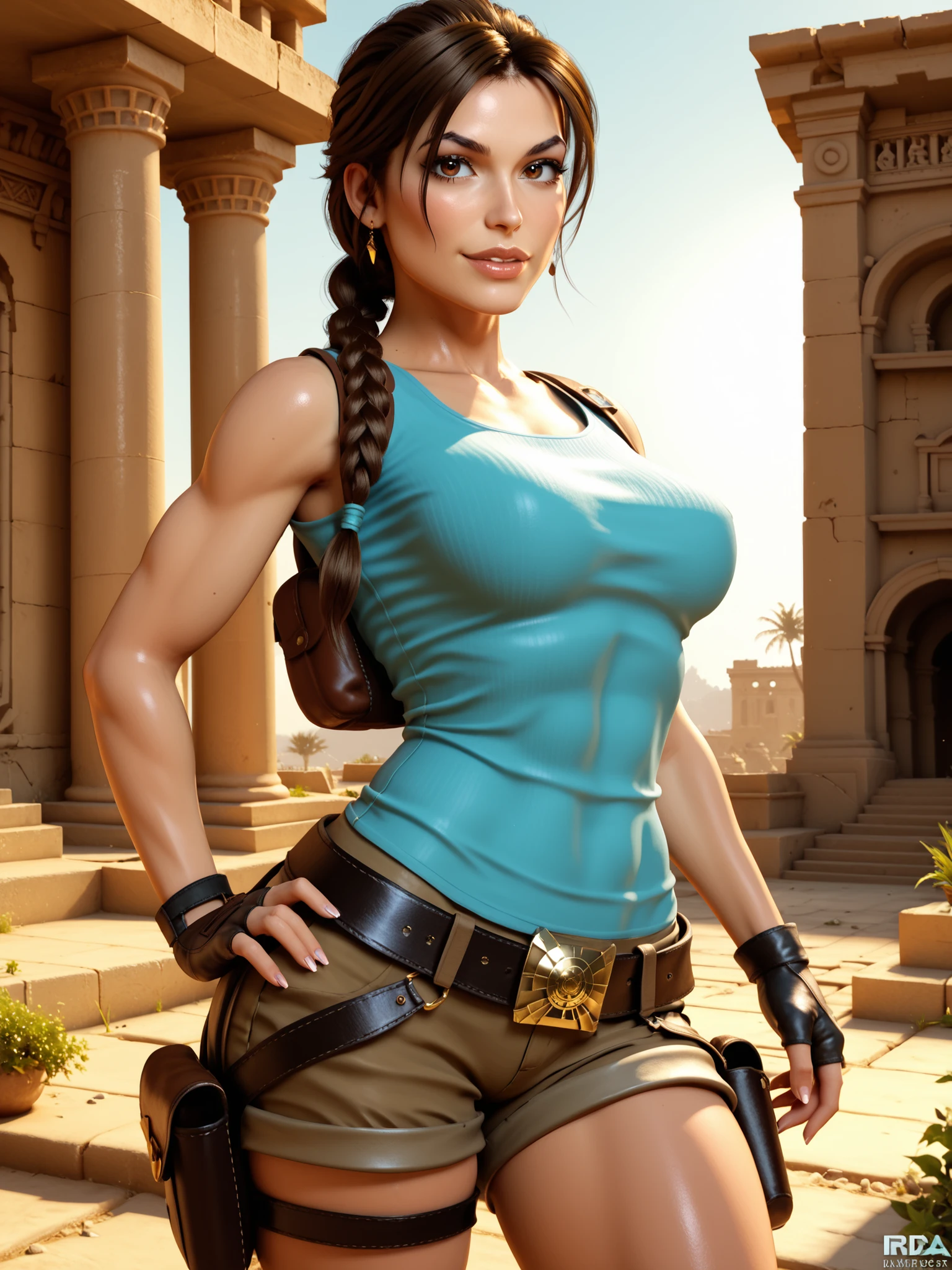 An (attractive) and (athletic) female adventurer with long brown braided hair, hazel eyes and a confident smirk. lara croft. She wears a (teal tank top), (brown tactical shorts), black fingerless gloves with black belts, holsters, and gear straps. Ancient ruins background. The style is semi-realistic, fantasy concept art, sharp focus, detailed shading, dramatic lighting. 3D, masterpiece, UHD, HDR.