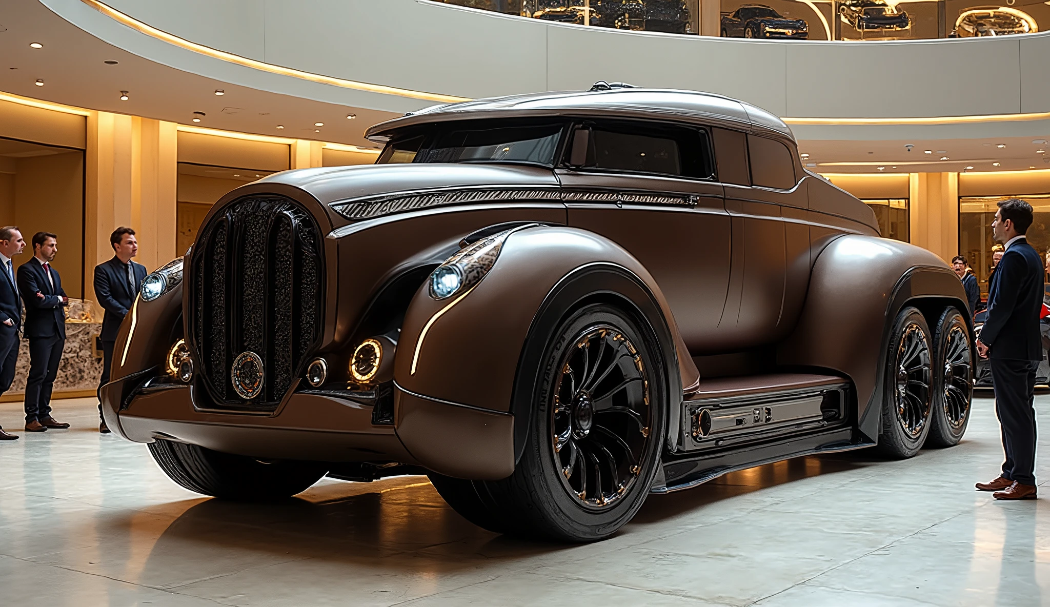 There is a car that drives down the street in the city, (((a modernized vintage car (a classic car from 1936: Phantom III), {{wheels and sports wheels of the latest Trend, graffiti paint on the body, redesigned moldings with futuristic finishes, semi- engine, chrome details}}))). Octane CGsociety, Syd Mead and Raphael Lacoste, Art Deco Realistic, Photorrealistic Concept Art, 3D Octane Render ConceptArt, Octane Trending at CGsociety, Elegant Photorealistic Cinematic, 3D Render and Matte Painting,