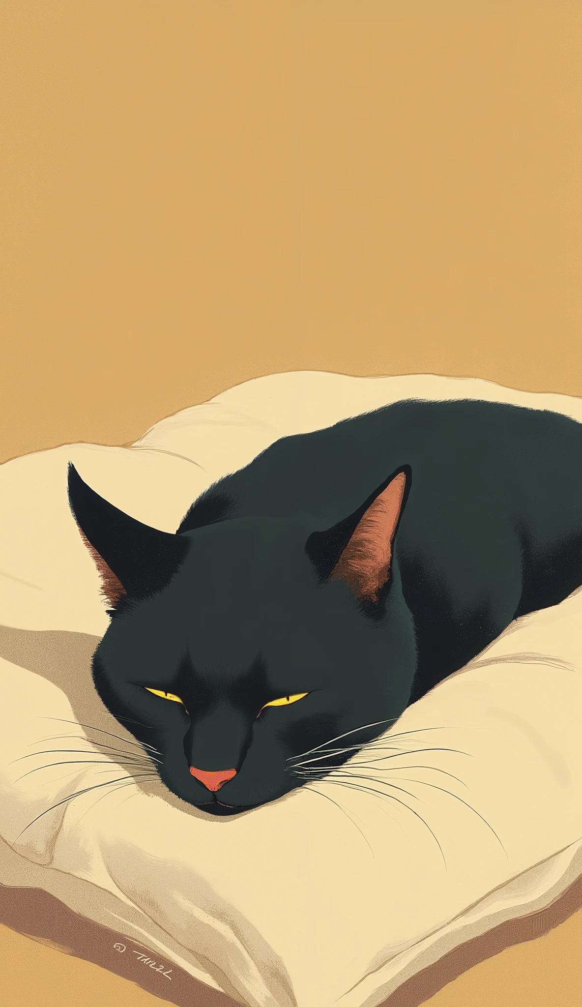 there is a black 猫 laying on a white pillow with a brown background, illustration of a 猫, a painting of a 猫, painting of a 猫, 猫. デジタルペインティング, ラインレス, ロフィの肖像画, by Ikuo Hirayama, anime visual of a cute 猫, 猫, イケムラレイコ著, ロフィのアルバムアート