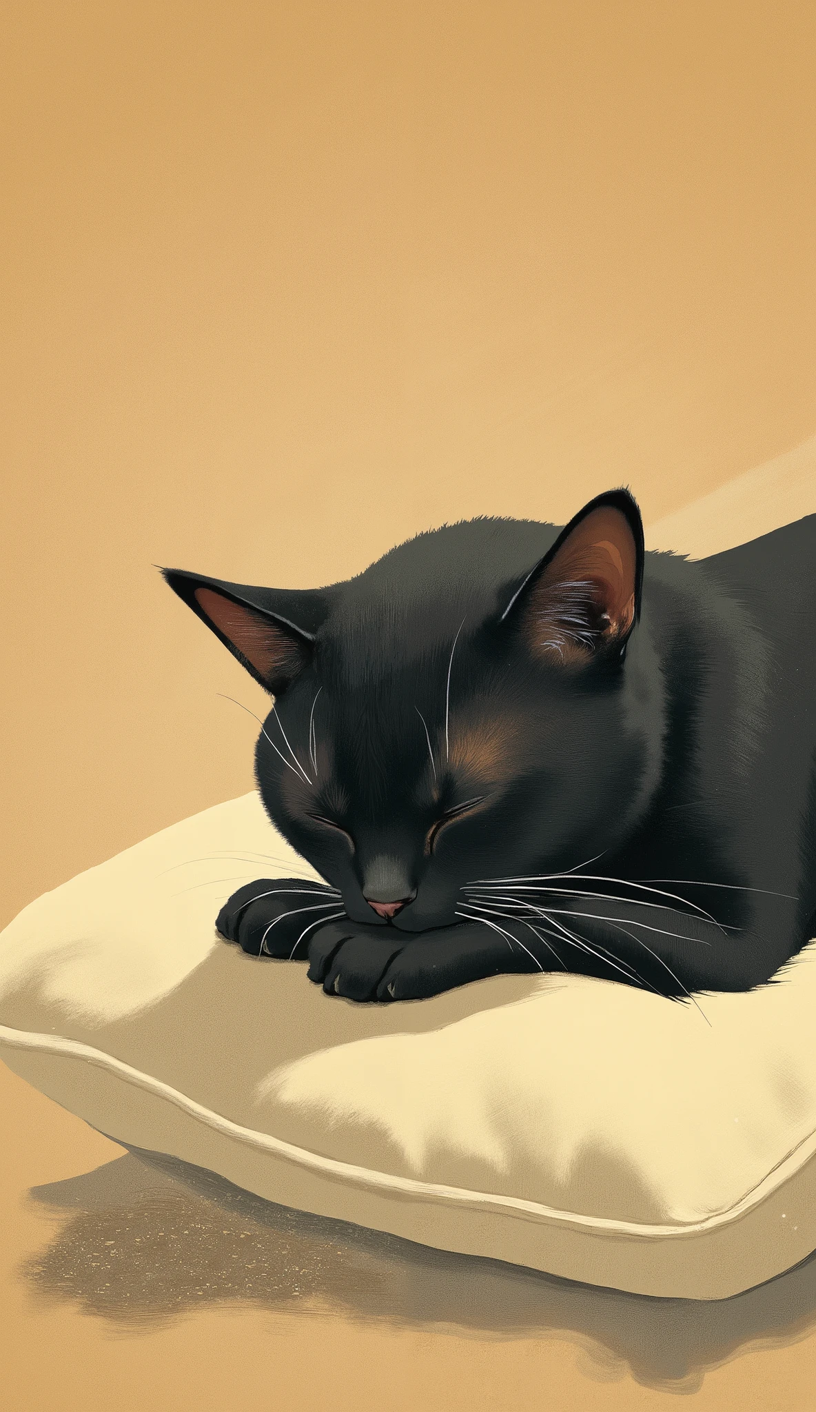 there is a black 猫 laying on a white pillow with a brown background, illustration of a 猫, a painting of a 猫, painting of a 猫, 猫. デジタルペインティング, ラインレス, ロフィの肖像画, by Ikuo Hirayama, anime visual of a cute 猫, 猫, イケムラレイコ著, ロフィのアルバムアート