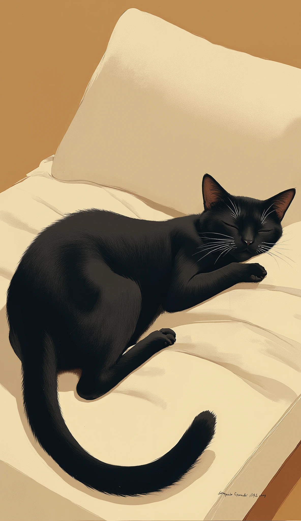 there is a black 猫 laying on a white pillow with a brown background, illustration of a 猫, a painting of a 猫, painting of a 猫, 猫. デジタルペインティング, ラインレス, ロフィの肖像画, by Ikuo Hirayama, anime visual of a cute 猫, 猫, イケムラレイコ著, ロフィのアルバムアート