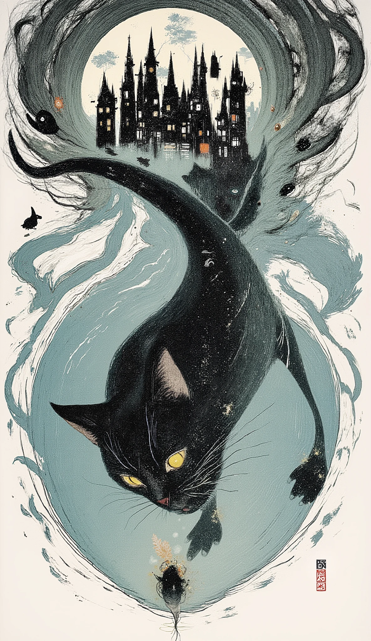 there is a black cat that is swimming In the water, cat swimming in water, liquid cat, a Cat Painting, Cat Painting, Mr. Keiichiro Kume , Cat from the Void , in a Cat Painting, cat with fur, Ink illustrations, There is a circular picture of animals and people in a , In the water, teary eyes