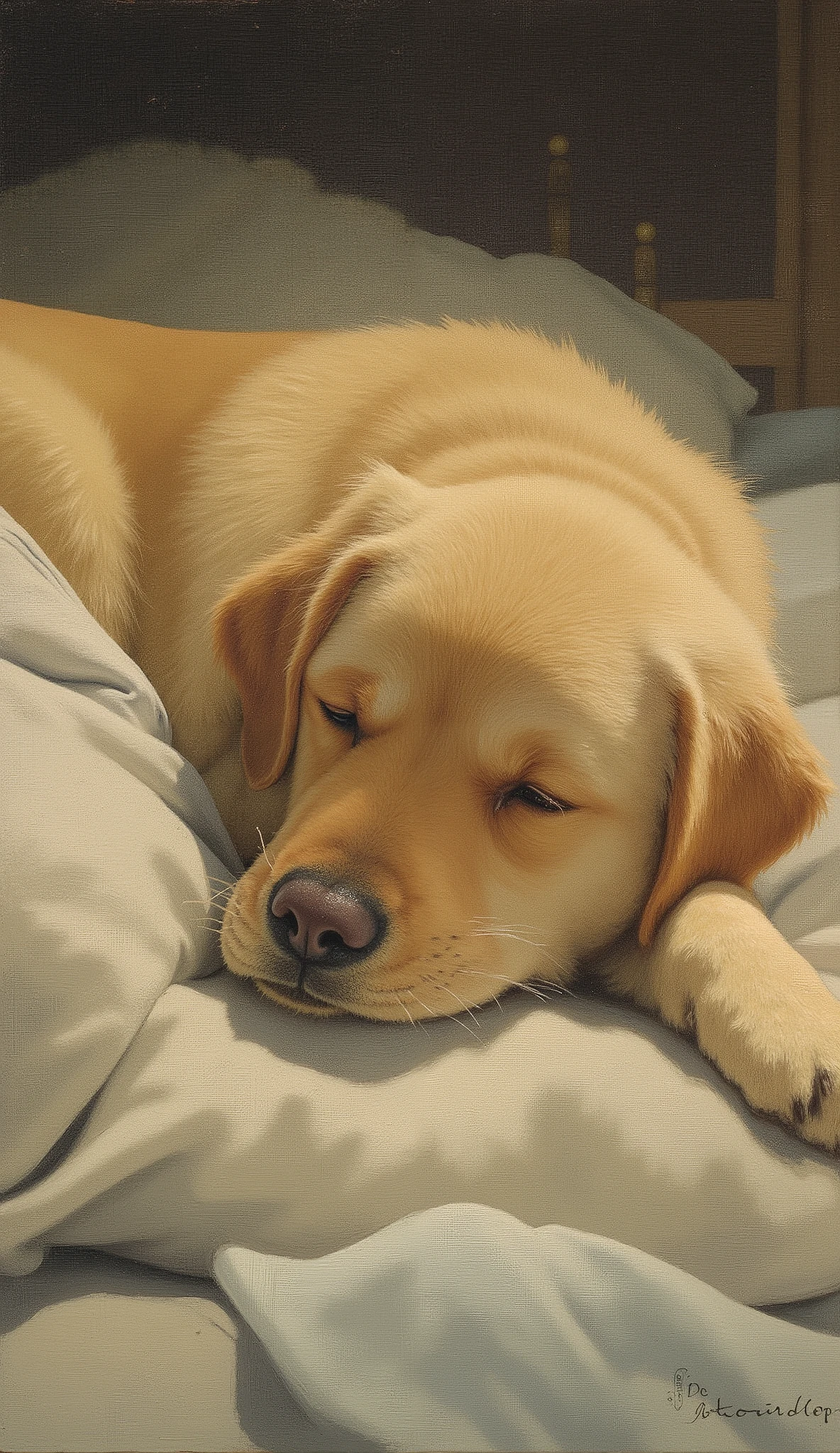 the picture depicts a dog lying down, by Felix Bogo Widder, inspired by Felix Bogo Widder, Picture of a cute dog, inspired by Edwin Landseer, by Hans Baldung , Inspired by Adolph Willett, by Anna Fussli, curled up under the cover