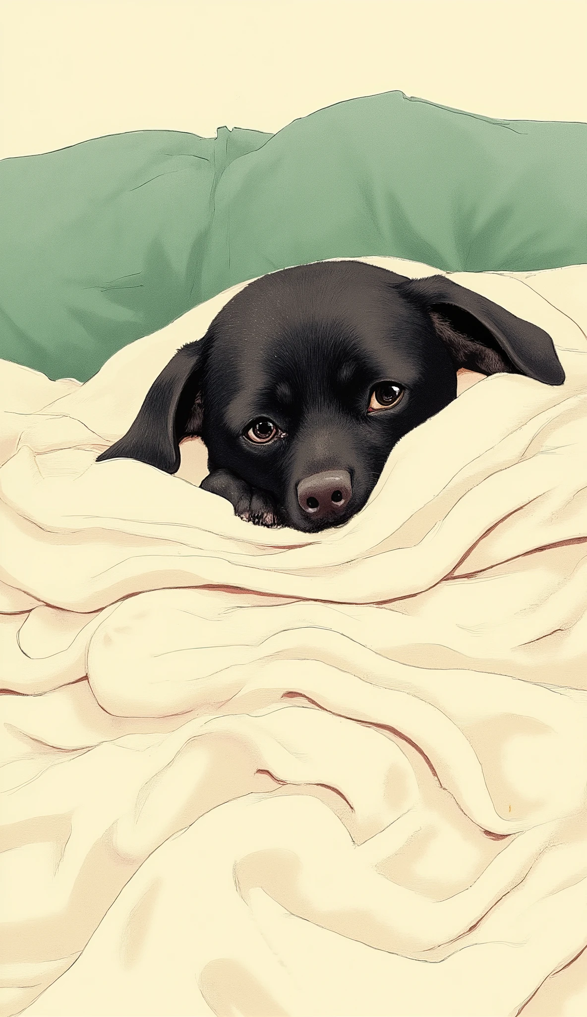 An attractive illustration of a dog peeking out of a blanket. the dog is drawn in a dark color, probably black , expressive eyes convey warmth and curiosity The. the head is wrapped in a soft blanket, the cream blanket is drawn loosely, Flowing Lines, the cream blanket is drawn loosely. the texture of the dog's fur is subtly expressed, Meticulous brushwork adds depth and realism. there is a slight green stripe peeking out from behind, suggests the presence of another cloth or pillow. Nothing is drawn on the background, the focus is on the adorable dog. overall atmosphere evokes calm and love, It suggests a moment of quiet relaxation.
