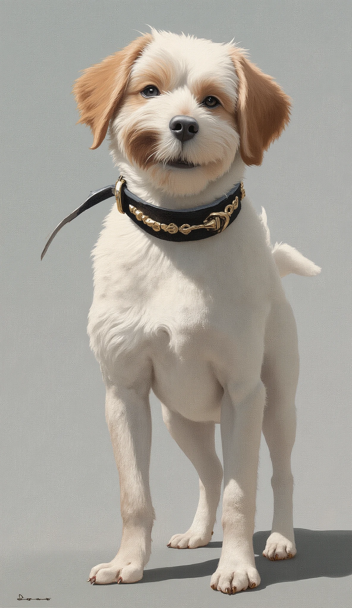 painting of a dog standing on a gray surface with a collar, painting of cute dog, by Tracy Harris, by Richard Carline, by Tom Bonson, by Tony Tuxon , , Portrait of Tintin, in the style of Janos Tolney, Senior Artist , portrait of a dog, by Tom Goody, theme: dog
