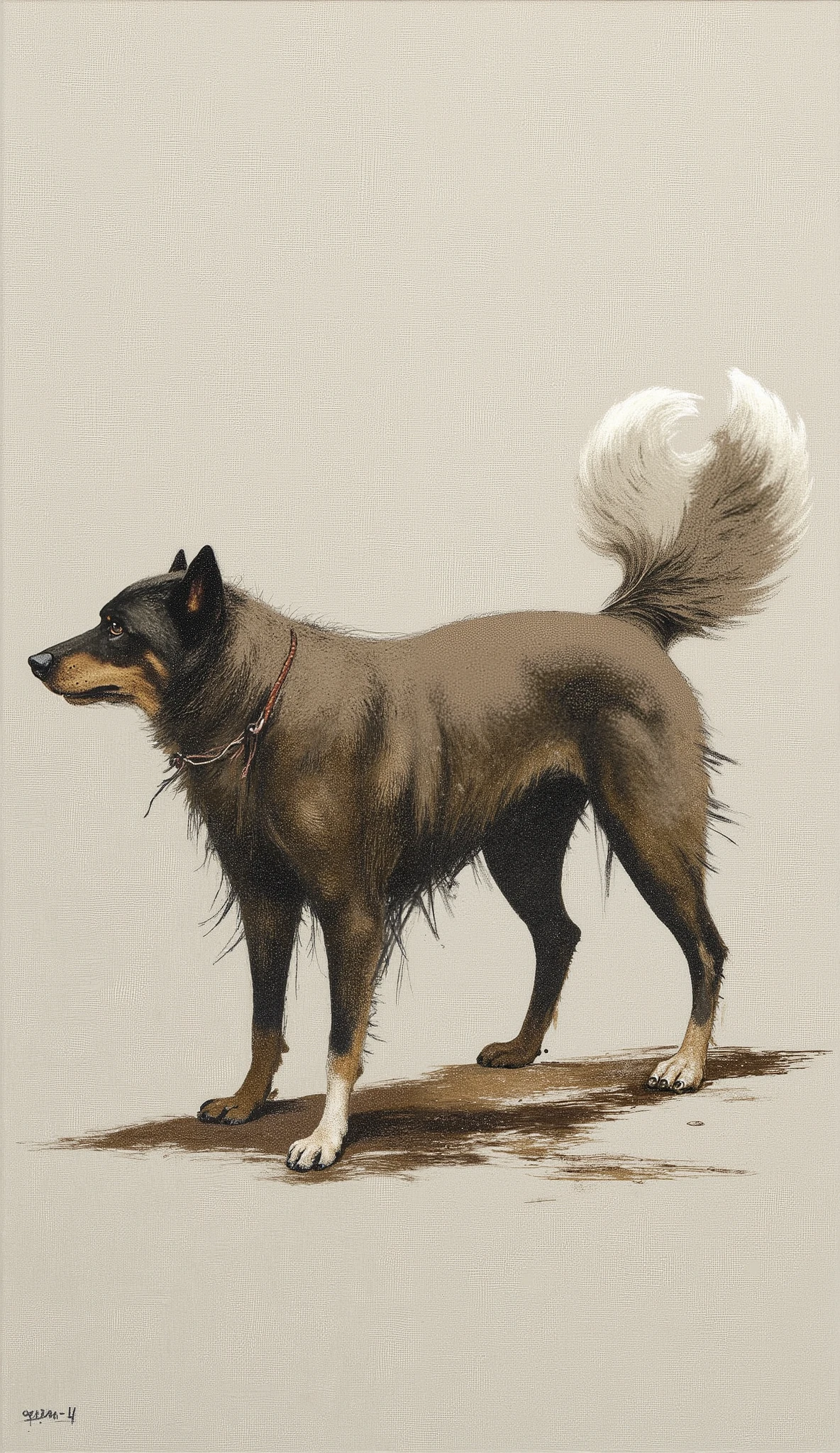 shows the author and year of production, Tilt your head up、Raise your tail high々と立っているみすぼらしいdog. dog, on a textured painting, emphasizes the depth of the composition, Loess, A hint of gray consists of, The simplicity and minimal background of the painting、飼いdogを連想させる. Hair is disheveled 、drawn with Impressionist brushstrokes, a mixture of warm colors including brown. neutral , light color background, dogの姿は抽象的な灰色の背景に微妙な影を落としている, is reminiscent of a dog. on the bottom left「Tama '14」holes in my nose, that gives movement and vibrancy to the work. evokes a sense of curiosity and determination、dogの元気な姿勢に焦点を当てている, focuses on the energetic posture of.