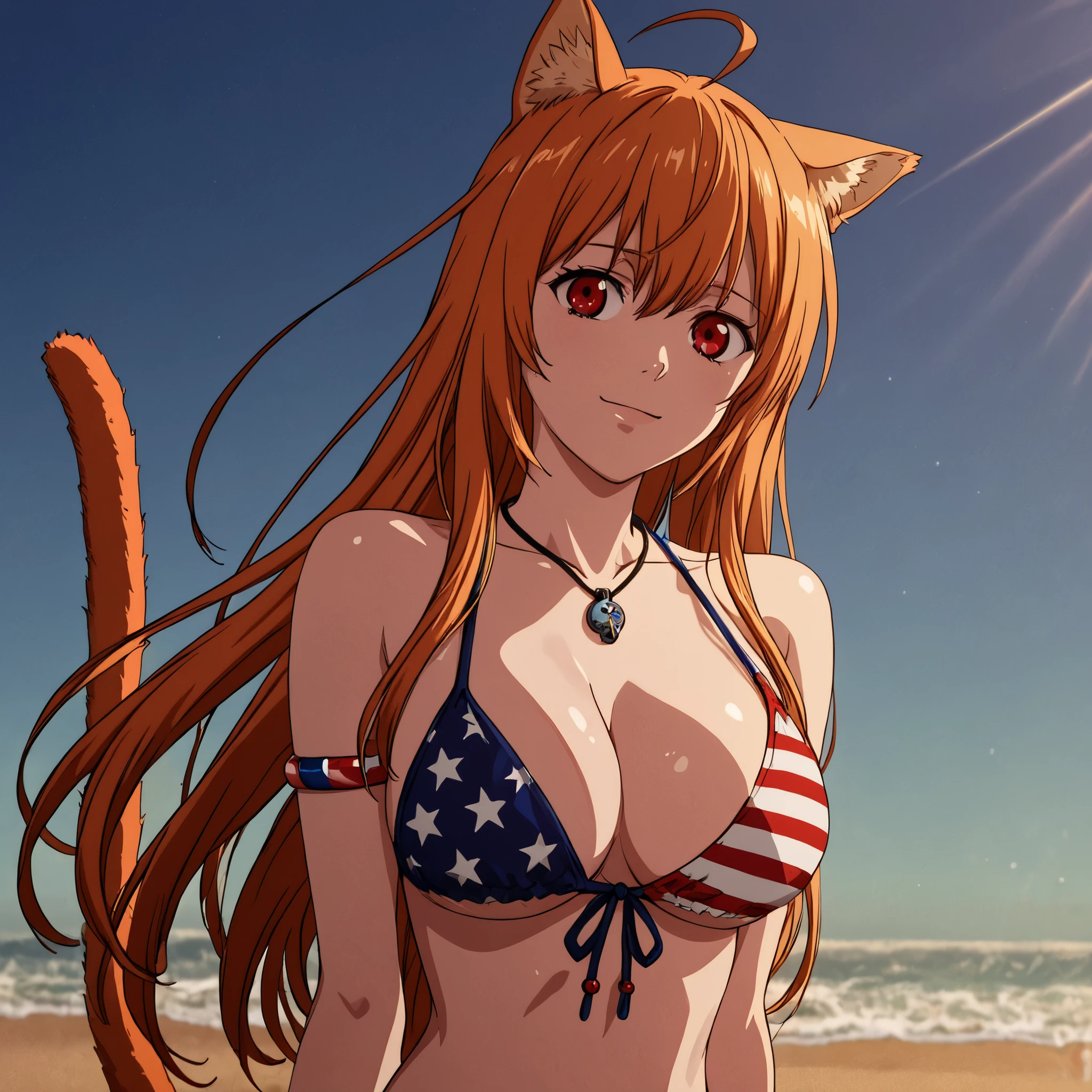 eris, I'm going to play, 1girl, 20 years. Red eyes, orange hair with cat ears and slender tail the same color as her hair, slender figure and large breasts. she wears a bikini with the American flag design and wears bracelets and a small necklace. she walks along a beautiful paradisiacal beach of white sand and blue sky , Highly detailed anime art, vibrant lighting, and smooth , glossy skin. smile