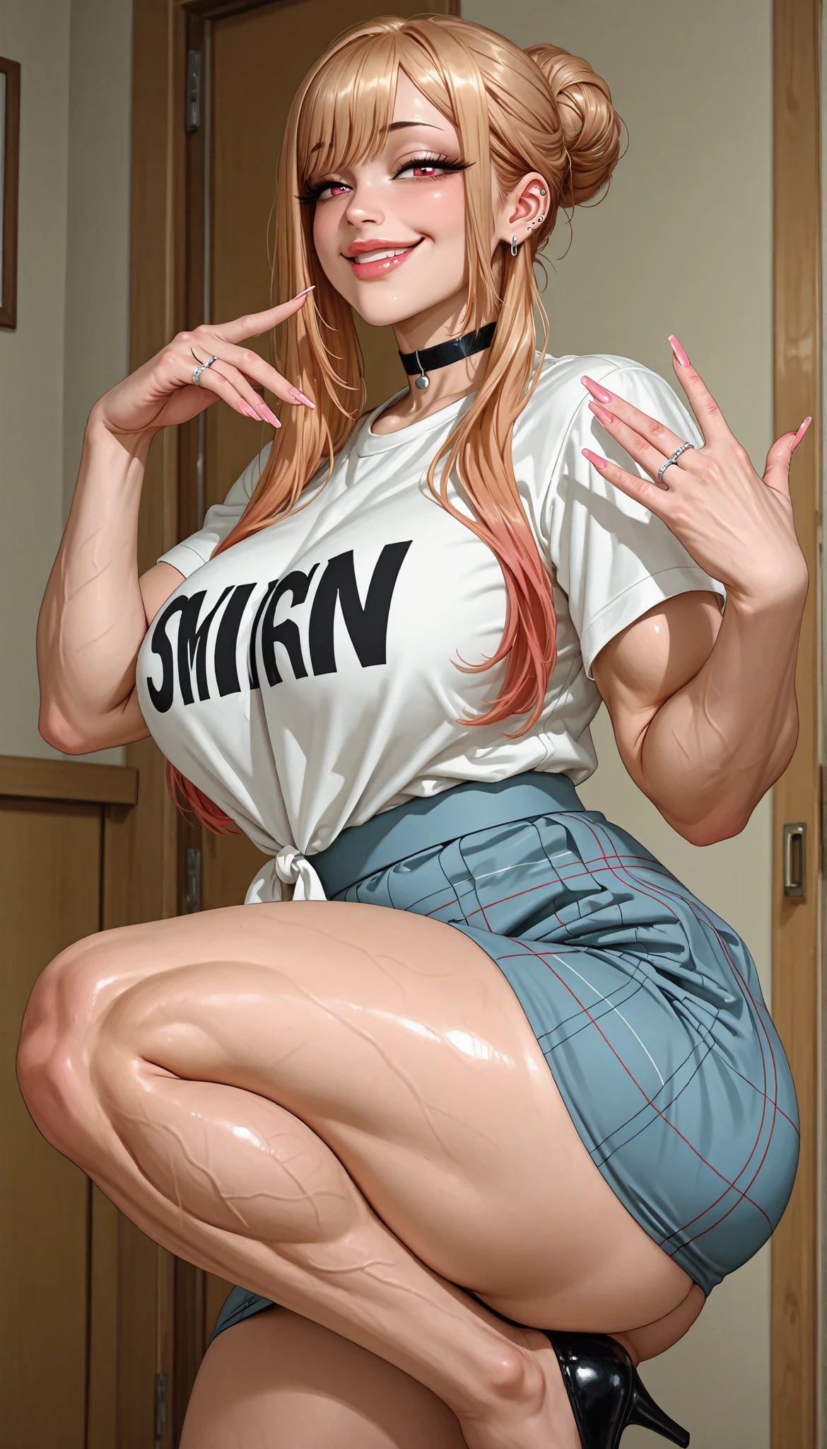 1woman, mature, from front, marin kitagawa, my dress up darling, tshirt, medium skirt, round , curvy, large , thick muscular thighs, wide curvy , voluptuous body, Curvy body, thicc woman, smilling, lips,  face, smug, medium shot,  pose, looking at viewer, fully clothed, solo, happy, at home, hair bun, married woman, marriage ring on finger, in squats Position, one leg streching wide.