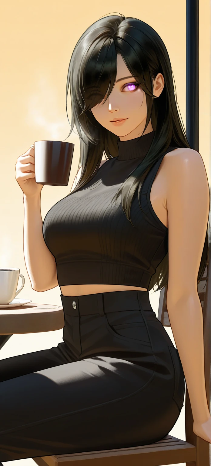 (masterpiece:1.3, Highest quality, Ultra-high resolution, Super detailed), (Realistic, photoRealistic:1.2), Beautiful illustrations, Perfect lighting, Natural light, colorful, Depth of written boundary, ((Face Focus:1.2), Cowboy Shot:1.2), 
Beautiful detailed hair, Beautifully detailed face, Beautiful attention to detail, Beautiful clavicle, Beautiful body, Beautiful ???????, Beautiful thighs, Beautiful feet, Beautiful Hands, Pale skin,
View your viewers, 1 Girl, (Classy and cute girl:1.3), (Perfect ???????, Anatomically correct, Highly detailed skin), Cute and symmetrical face, Baby Face, Perfect Face, Perfect Eyes, Perfect Fingers,
(Long Hair, ponytail, Black Hair), ((Asymmetrical bangs:1.2)), Light brown eyes, Long eyelashes, (Glossy Lips:1.4), (?????????????, Thin legs, ), (Slim figure, Firm ???????:1.2), Thin eyebrows, 
((Detailed cloth texture, Sleeveless Turtleneck Sweater:1.3), White pleated skirt, Knee-high boots),
(Beautiful views), morning, ((Modern Japanese Office:1.2)), ((Standing by the window with a cup of coffee:1.2)), (Smiling Kindly:1.2), 