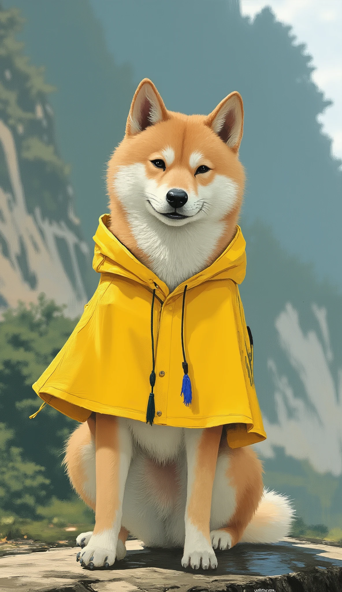 painting of a dog wearing a yellow raincoat sitting on a rock, anthropomorphic Shiba Inu, Doge, Picture of a cute dog, digital oil painting on canvas , Oil Enamel, Japanese Dog, Shiba Inu, digital paint, Sheba dog, anthropomorphic dog, yellow raincoat, digital painting style