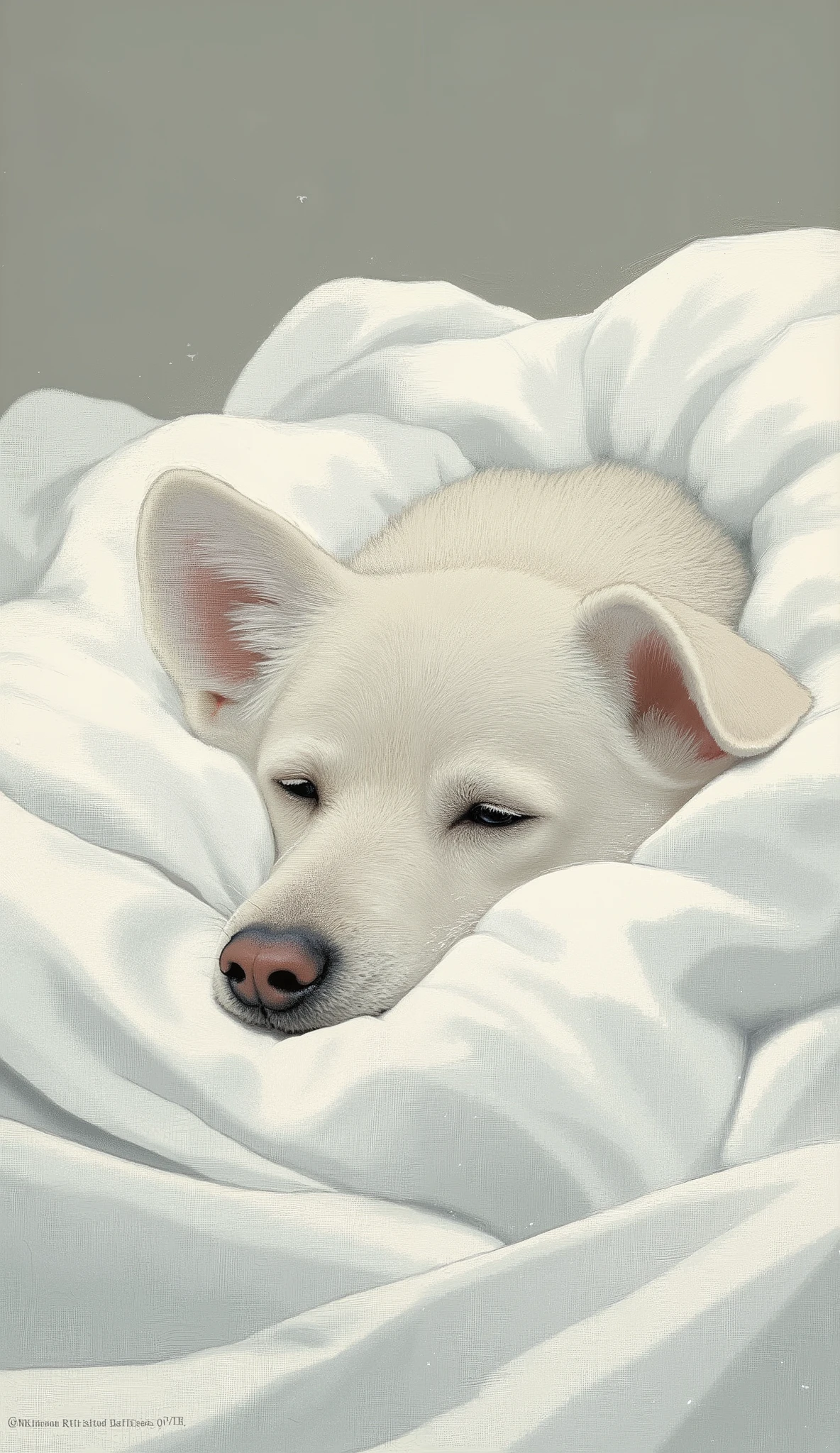 painting of a white dog undeR a white blanket on a flooR, a painting of white silveR, inspiRed by Jamie Wyeth, ステルス, ステラ・シュモレ作, by Kamisaka Sekka, かわいい犬の絵, ヘレン・ダーム, 曇りの日, R /aRt, R / aRt, R/aRt, 白い鼻先を持つ