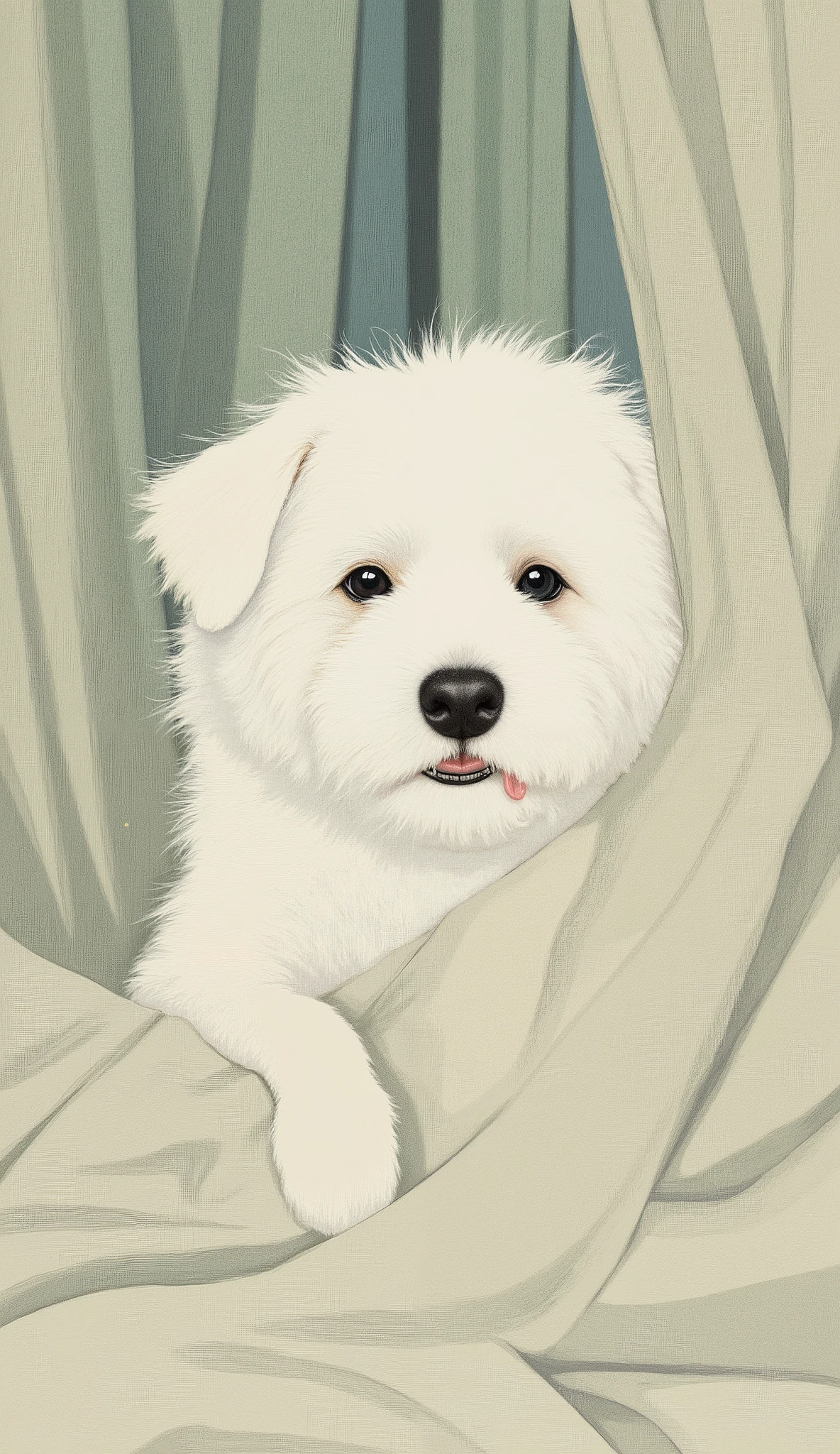 ふわふわの白い犬がドレープのsheetsの下から覗いています, 遊び心のある顔はsoft光によって部分的に隠されています, White cloth. I can see the dog's nose and mouth, tongue, I'm adding a bright touch to the image. I'm playing with my dog's expressive, 黒い目がsheetsの下から覗いています, conveys curiosity and mischievousness. sheets, くすんだグレーのトーンとsoftひだで, creates a gentle contrast with the dog's white fur, the texture of the dog's fur It emphasizes the fluffiness. The background is composed of vertical stripes in muted colors, probably represents a drape or curtain, I'm adding an abstract element to the composition. soft, diffuse light shines softly, enhances the scene's calm and cozy atmosphere. The image captures a moment of innocence and playfulness, The curious nature of dogs It shows a harmonious yet minimalistic atmosphere.