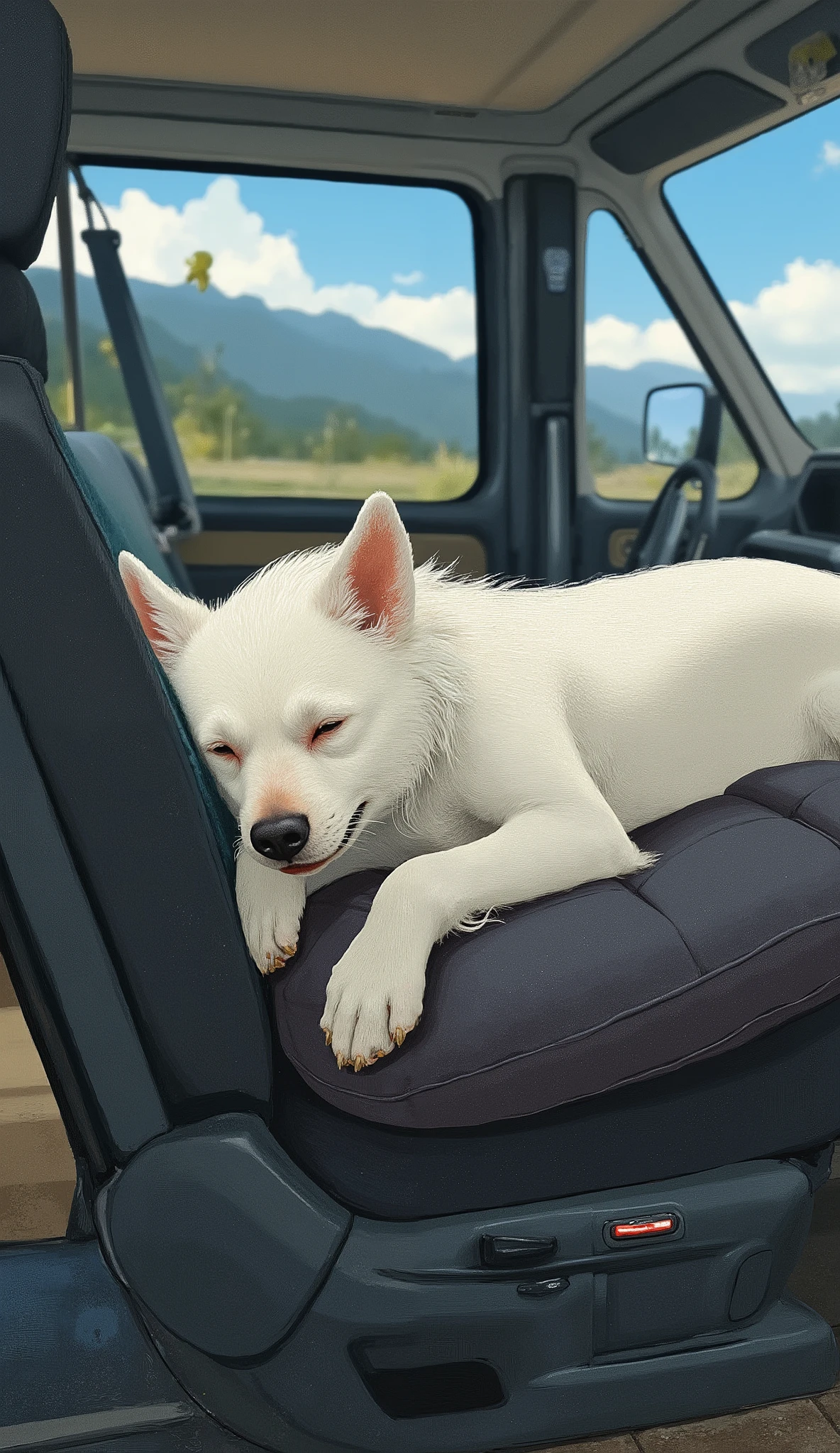 Carafe dog lying on a car seat with its head on the seat, , You look tired, 'i'm so tired, Happily tired, he's very relaxed, almost taking a nap, , very relaxed , Lost consciousness, Feet on Wheels , tired face, little white dog on the side, so tired , Stay calm