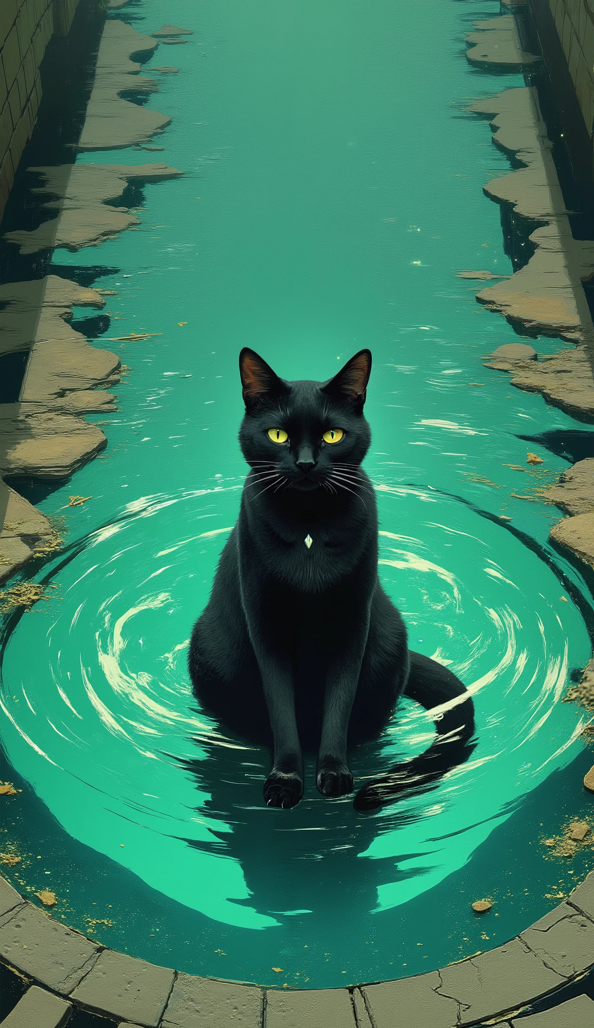 A sleek black cat sits in the center of a rippling puddle, almost surreal hues of turquoise and green. The water around the cat is vibrant, almost surreal hues of turquoise and green, Those shining yellow-green eyes、I'm staring directly at the viewer with a swirling pattern that creates a sense of depth and movement. Speckled spots of light as if cats were guardians of bodies of water or mythical creatures, Sparkling, Almost mirror-like texture. playing biwa 、It creates an interesting contrast between the serene aquatic environment and the cat's enigmatic presence。. The mood is quiet and mysterious, suggest reflections on the surface of the water. The tiles and stones surrounding it create the background atmosphere of the background。, further enhance the artistic and slightly otherworldly vibe of the scene.