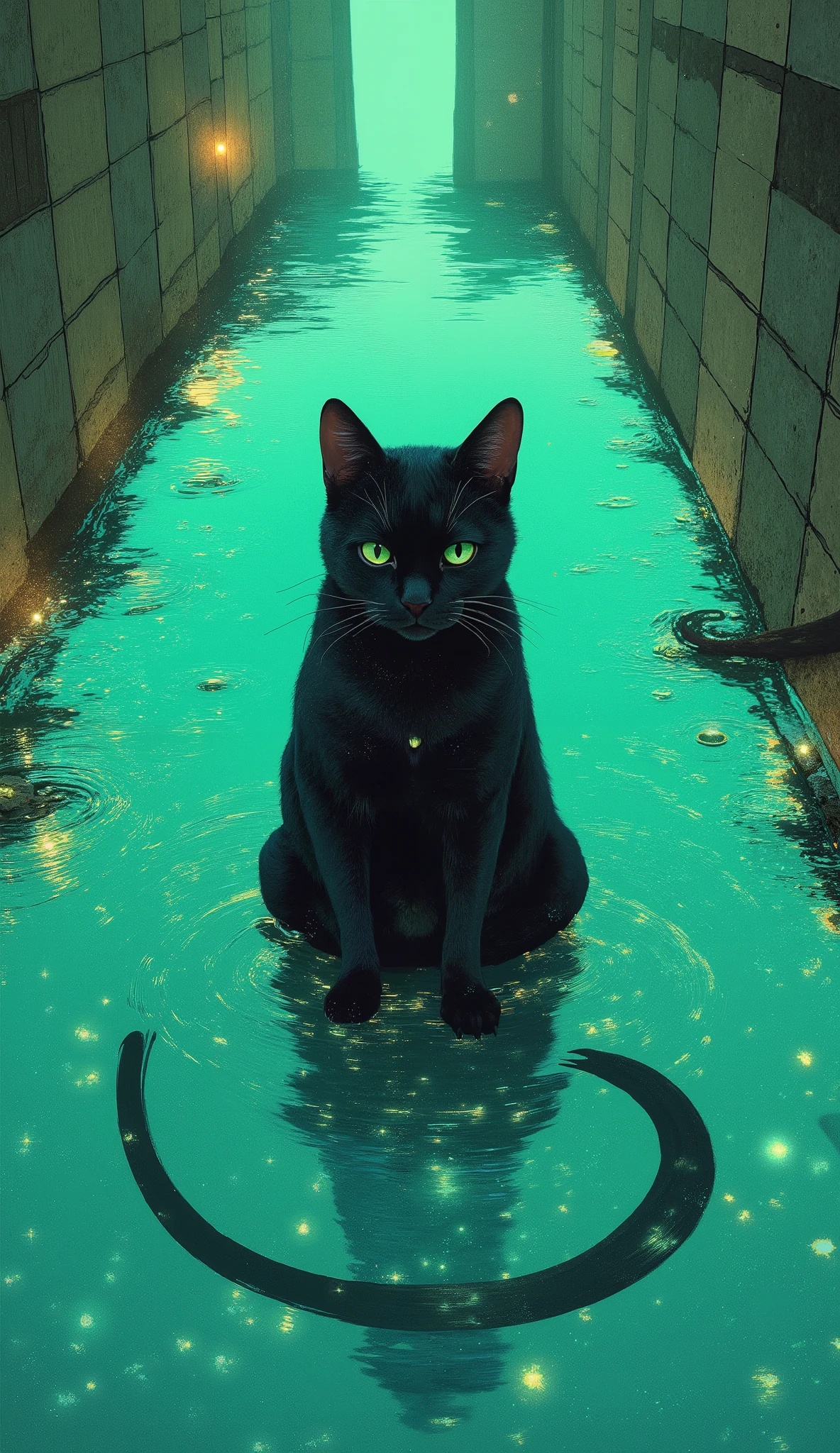 A sleek black cat sits in the center of a rippling puddle, almost surreal hues of turquoise and green. The water around the cat is vibrant, almost surreal hues of turquoise and green, Those shining yellow-green eyes、I'm staring directly at the viewer with a swirling pattern that creates a sense of depth and movement. Speckled spots of light as if cats were guardians of bodies of water or mythical creatures, Sparkling, Almost mirror-like texture. playing biwa 、It creates an interesting contrast between the serene aquatic environment and the cat's enigmatic presence。. The mood is quiet and mysterious, suggest reflections on the surface of the water. The tiles and stones surrounding it create the background atmosphere of the background。, further enhance the artistic and slightly otherworldly vibe of the scene.