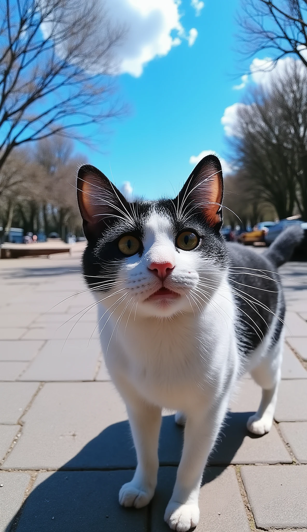 x} a curious cat The foreground dominates the foreground in this black and white image, adding a whimsical atmosphere to the scene . its face is close to the camera, magnifying its expressive wide eyes and long whiskers that fan out dramatically. the cat's fur is a mix of black and white, creates a striking contrast、the monochrome palette emphasizes. Background, Blurry trees々、The park bench looks like they're curiously inspecting a camera, so、Beautiful woman doing training in an outdoor setting, Probably a public park. the ground is paved , it creates a casual and casual atmosphere. far away , I see another cat sitting near the bench, bright blue sky in the background. angles and close-up perspectives create a playful atmosphere. Wide, expressive eyes and long, wide-spreading beards、creates an enchanting mood, I suggest, invites viewers into that world.
