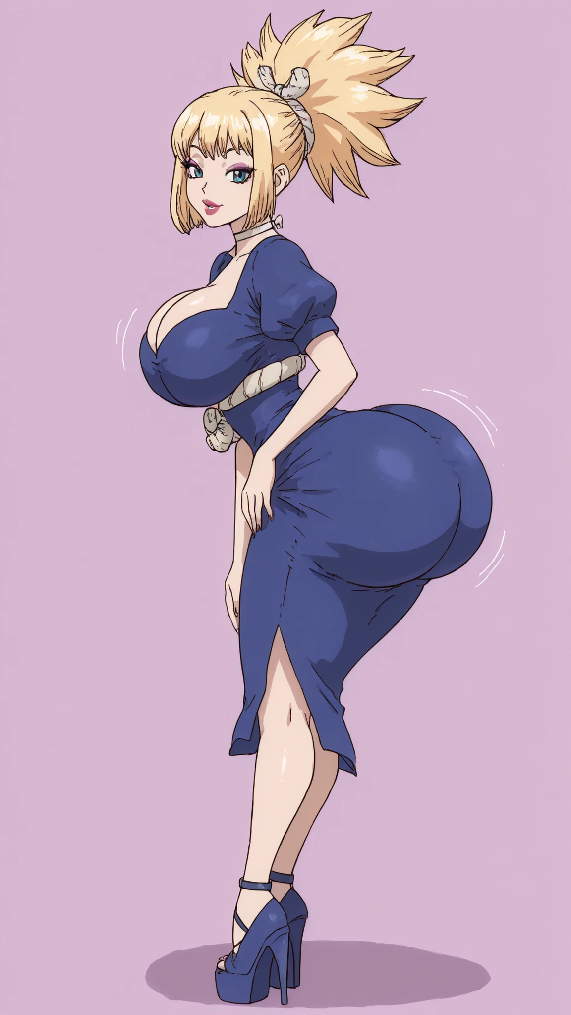 score_9, score_8_up, score_7_up, source_anime BREAK Bradtanker3-style, HyperBimbo, bimbo, 1girl, kohaku \(dr. stone\), blonde hair, ponytail, choker, green blue eyes, open eyes, makeup, puffy sleeves, lipstick, stunning makeup , strong lipliner , heavy eyeliner , false eyelashes, lip gloss, lipstick, lip filler, kohakudress, tiptoes focused platform high heels, blue dress,Dr.stone、kohaku、closed eyes,smile、Honey blonde 、high ponytail 、 Huge Round , frim push up fake , Huge Round , gigantic , fake , huge lift up , Huge lips, from side, pushed forward, Lower back pushed forward, out alignment and spine,