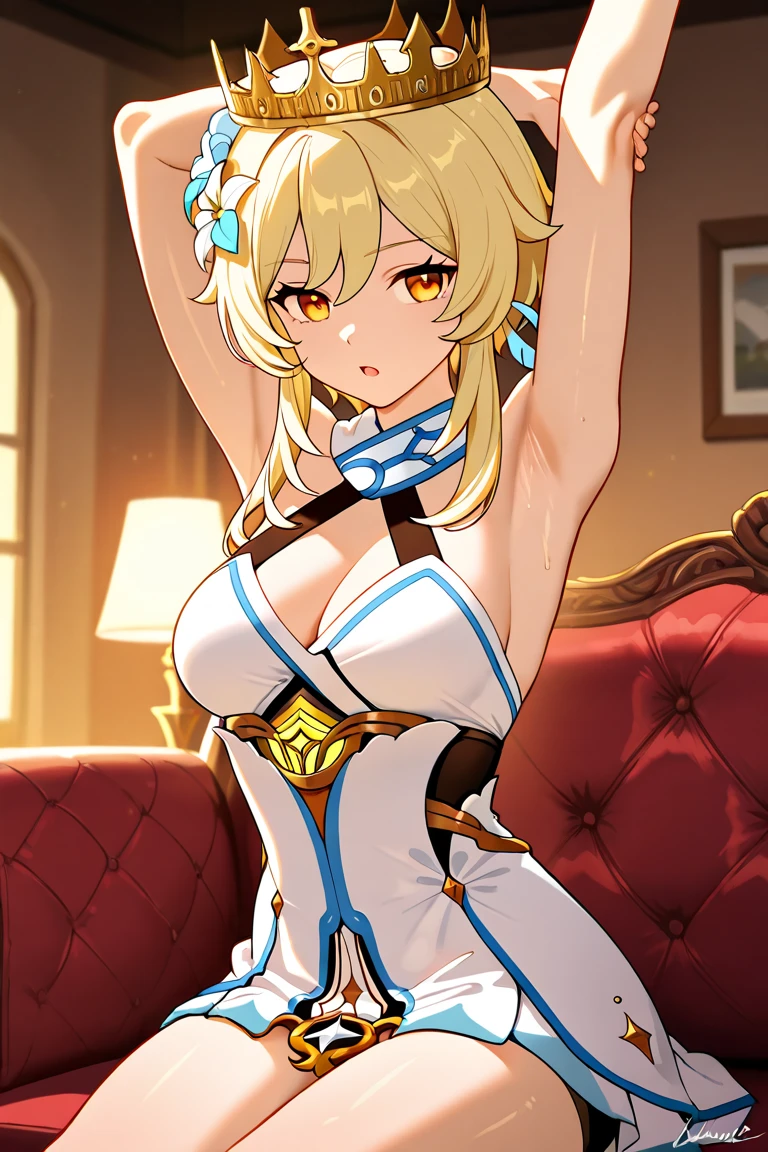 ((masterpiece)), ((best quality)), ((perfect eyes)), ((perfect skin)), female, like goddess, spiteful, , belly button, smile, female is curvy and tall, pinching shirts, shot from below, temptation, POV, sitting on my , girl has  forcibly, crushed belly button, shape of belly button is sideways 