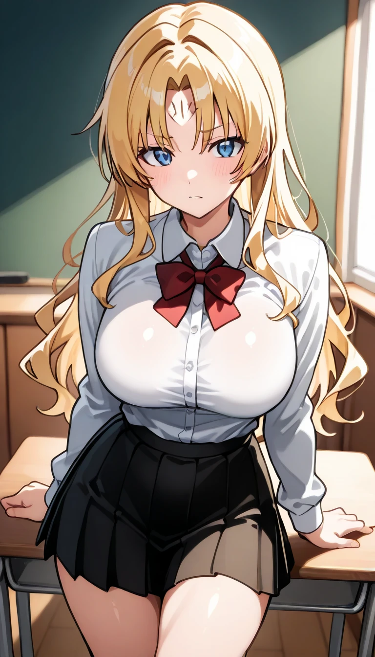 highest quality,wonderful,finely,extremely detailed CG Unity 8K wallpaper, (1 girl,yellow hair, yellow eyes,low ponytail, Scrunchie, earrings),  (brown skin:1.2),(hanging ???????), (?????????), (white collared shirt:1.1)、(????????????:1.1)、(cleavage:1.1)、(black pleated skirt:1.1)、(mini skirt:1.1),(black stockings:1.1),(Thighs:1.1),(constriction:1.1)