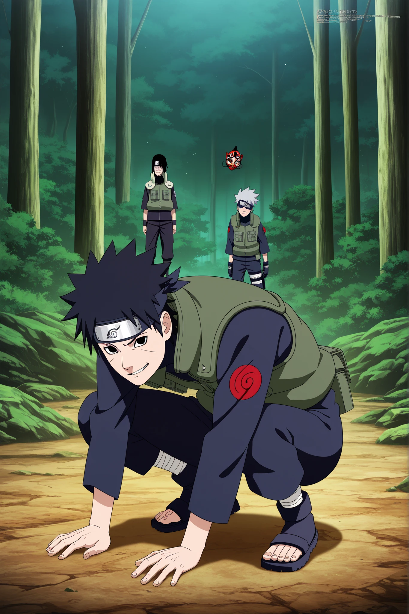 1 boy,Wearing a white Kabuki mask, (((  Squat down and place both hands on the floor.))), anime characters in green vests and black pants standing in a forest, itatchi uchiha, kakashi hatake, kakashi, sasuke uchiha, choke smirk smile grin, itachi uchiha, itachi, detailed anime, highley detailled face, akatsuki akira, avatar image,masterpiece,best quality,amazing quality,professional quality ,very aesthetic ,newest,scenery, ultra detailed ,highly detailed ,intricate , absurdres , high resolution , 4K , 8K , unity 8k wallpaper , crisp quality , sharp focus , rich contrast , rating_explicit , official art, official style,source_anime,anime screencap,anime coloring,megami magazine,anime,animated, (((black hair,obito style hair))), full body ,view from the side ,