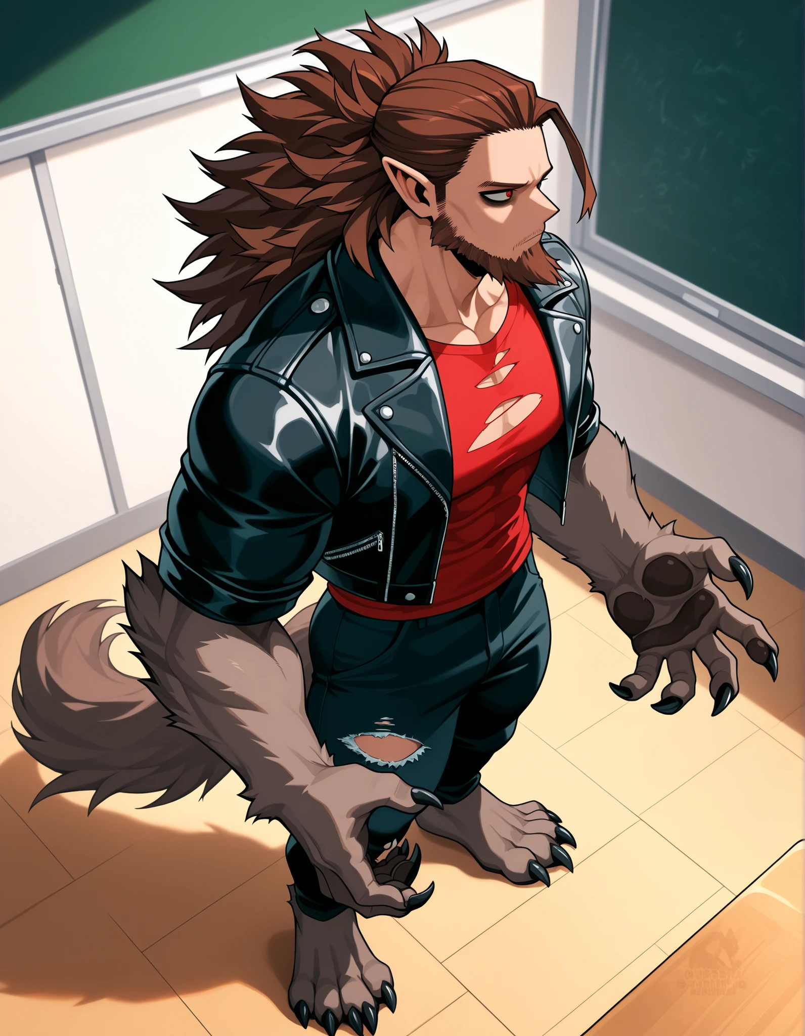 ((Highest Quality)), ((classroom Background)), (My Hero Academia Style), standing, 1male, Male, mature man, old man, solo, athletic body, Slim body, slender body, tall body, standing, Full Body, Torn Open Black leather jacket, Torn Open leather jacket, Torn Open black jacket, black dress pants, Torn black pants, Torn pants, black pants, Torn Red t-shirt, Red t-shirt, Torn t-shirt, Dark Brown fur skin, Dark Brown Fur-skinned, Dark Brown Fur-skinned male, Long fur beard, gray fur beard, groomed fur beard, long fur sideburns, bushy fur sideburns, long bushy fur sideburns, slicked-back fur hair, Red Eyes, yellow sclera, Brown hair, werewolf male, werewolf_Monster, Monster_form, werewolf_form, Werewolf_male, werewolf, werewolf arms, werewolf legs, Wolf face, Wolf Tail, long tail, claws, Claws on hands, claws on feet, claws on hands and feet, toned arms, toned legs, toned body, feral expression, Very Long pointy ears, Feral expression, stern look, ((from side)), from above,