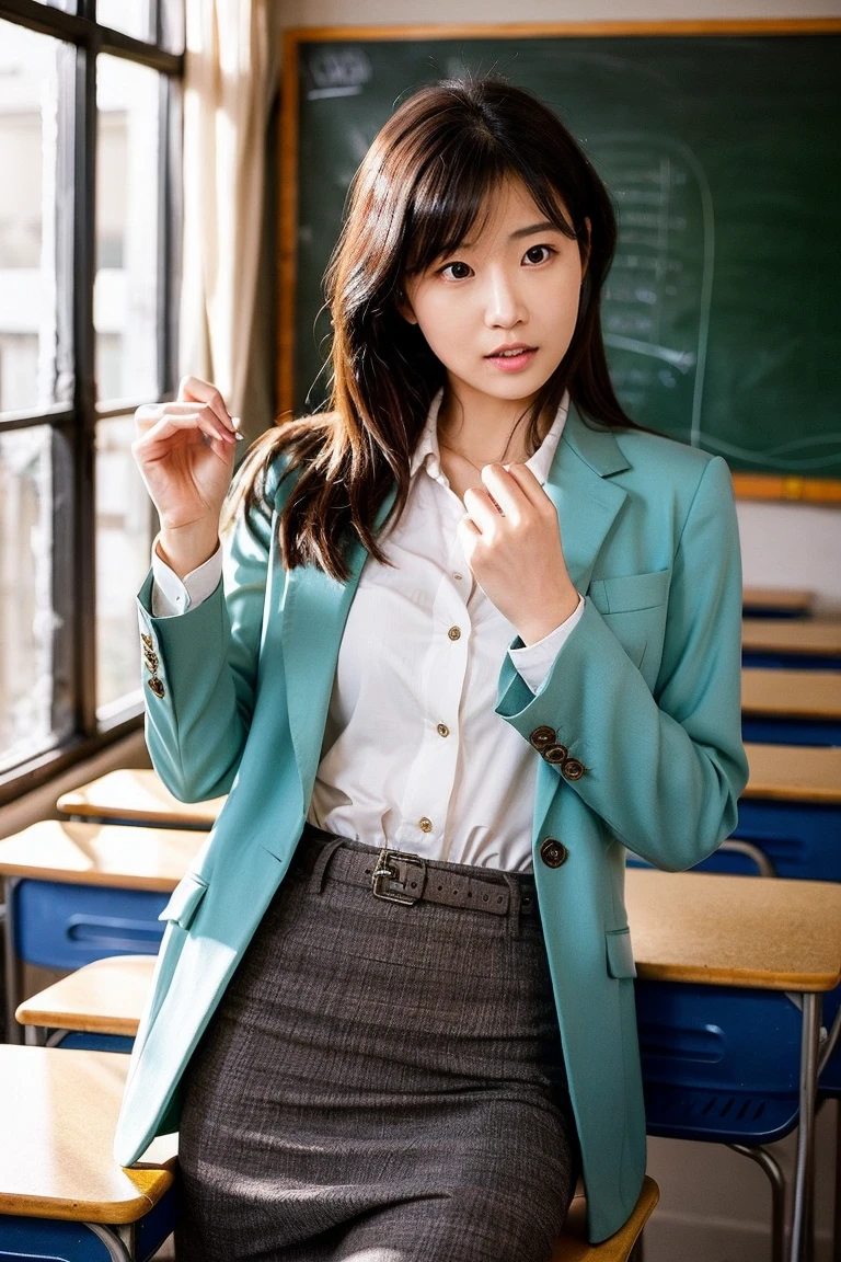 Best Quality, Mastepiece, Photorealistic, It is high resolution., 8k Raw photo,Solo, 1girl, 30 years old、sitting in a school classroom、smile、gentlemen、pink business suit、skirt、High heels
