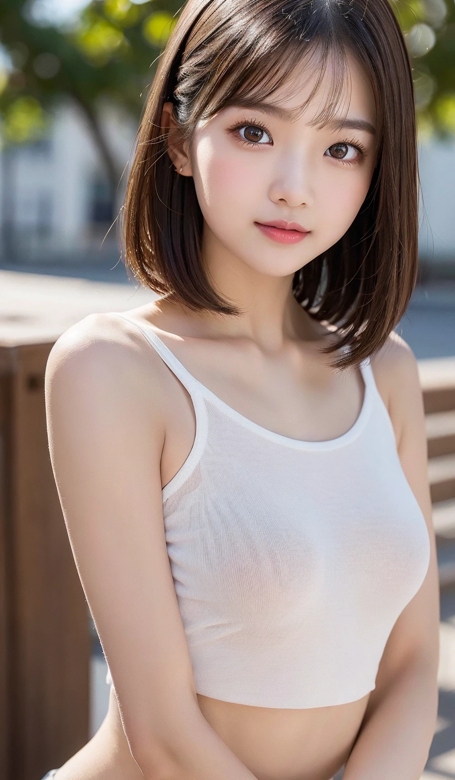 (Best quality, Ultra high resolution, Masterpiece :1.3), From side, A tall and pretty woman, Slim figure beauty, Slim waist, (Dark brown short hair), Tight camisole shirt, Pink running shorts, (Nature view in background), Details exquisitely rendered in the face and skin texture, Detailed eyes, Double eyelid