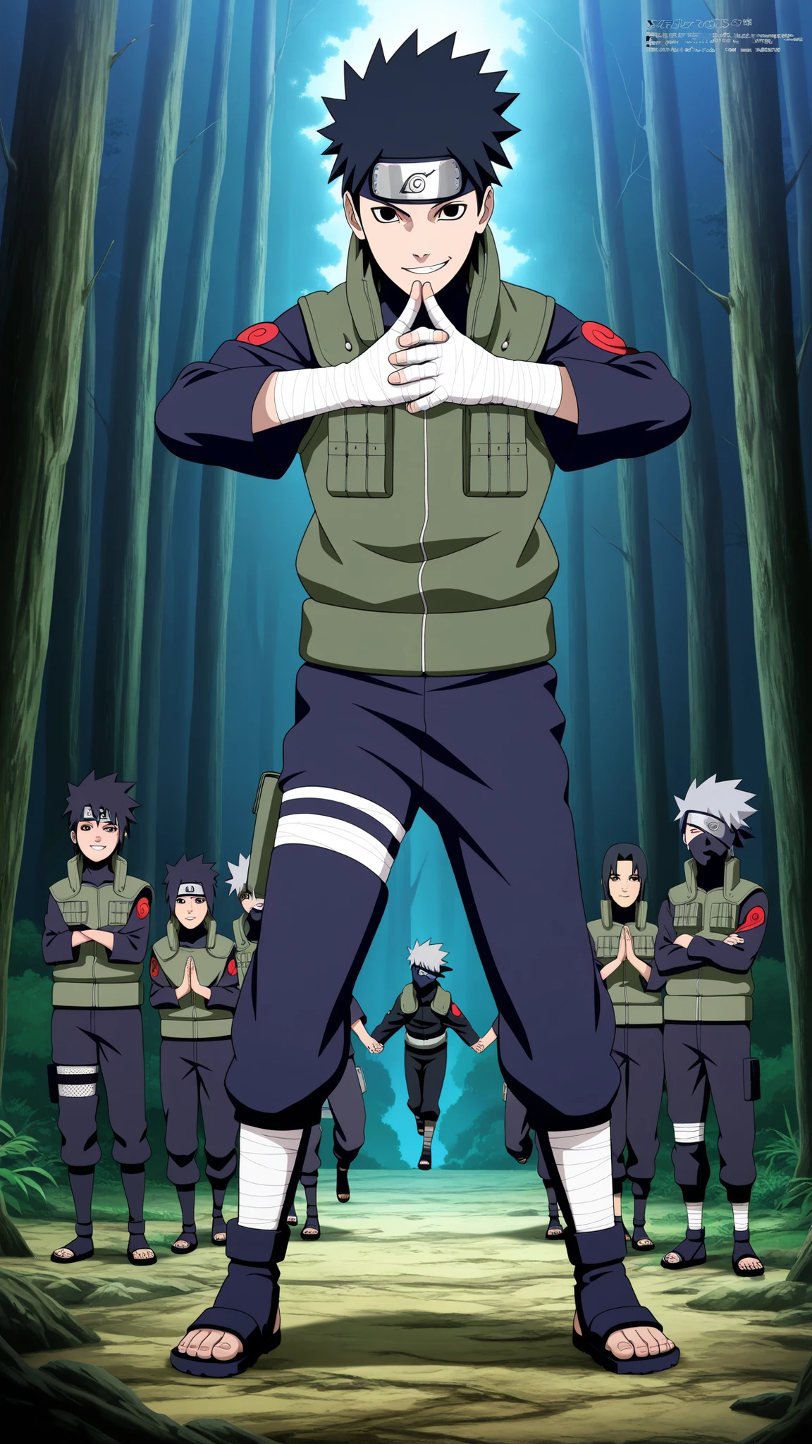 1 boy,Wearing a white Kabuki mask, ((( Join hands and cast a ninja spell Hold up 2 fingers))), anime characters in green vests and black pants standing in a forest, itatchi uchiha, kakashi hatake, kakashi, sasuke uchiha, choke smirk smile grin, itachi uchiha, itachi, detailed anime, highley detailled face, akatsuki akira, avatar image,masterpiece,best quality,amazing quality,professional quality ,very aesthetic ,newest,scenery, ultra detailed ,highly detailed ,intricate , absurdres , high resolution , 4K , 8K , unity 8k wallpaper , crisp quality , sharp focus , rich contrast , rating_explicit , official art, official style,source_anime,anime screencap,anime coloring,megami magazine,anime,animated, (((black hair,obito style hair))), full body ,view from the side ,