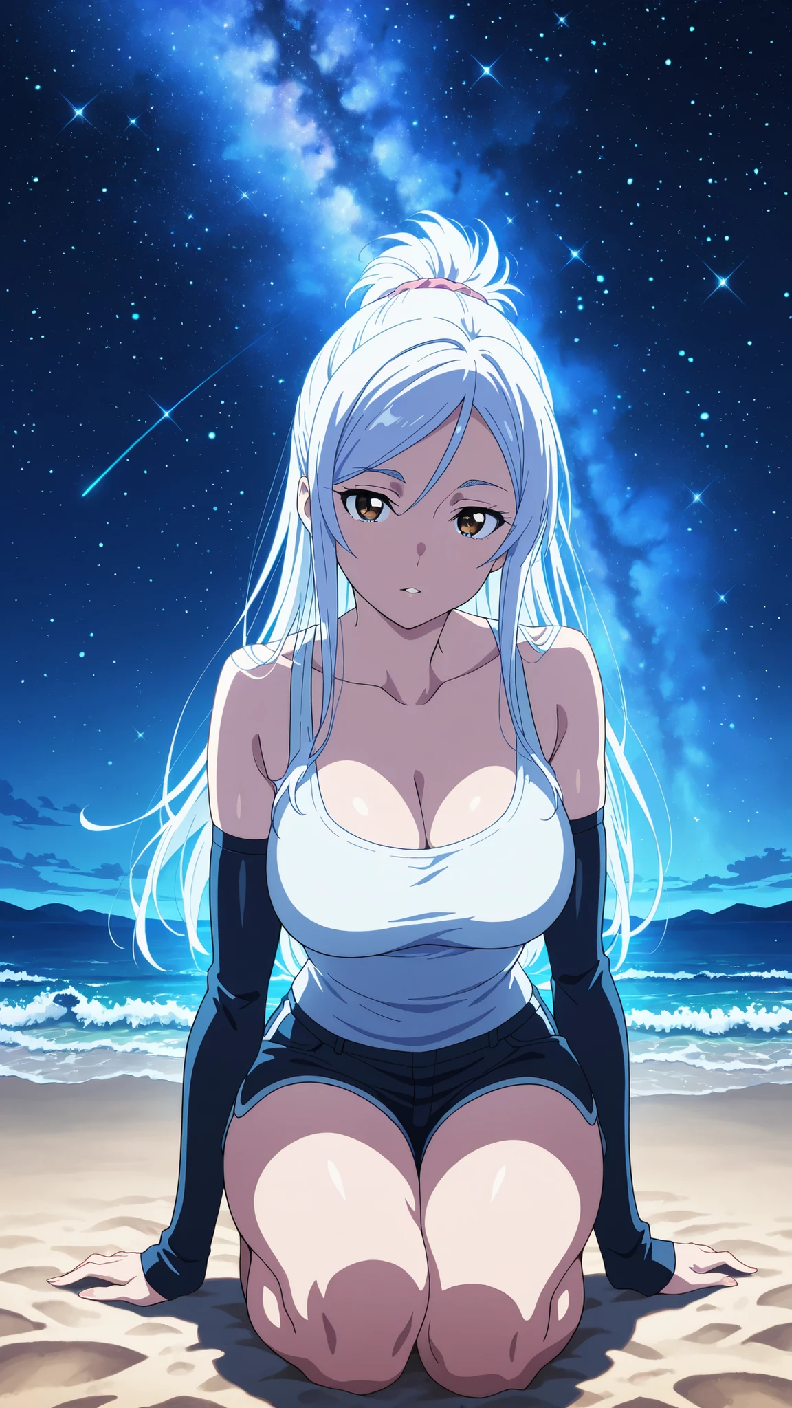 BREAK (masterpiece:1.2), best quality, high resolution, unity 8k wallpaper, (illustration:0.8),Rocky shore under a night sky filled with stars, waves glowing faintly with bioluminescence, Milky Way stretching across the horizon, cool blue tones, calm and endless, anime night scene, breathtaking and still,saeko ayase, long hair, large breasts, white hair, brown eyes, anime screencap,,cleavage, detached sleeves, shorts, tank top,looking at viewer,cowboy shot,wide-angel,seductive pose,sitting on sand,sitting on knees,
