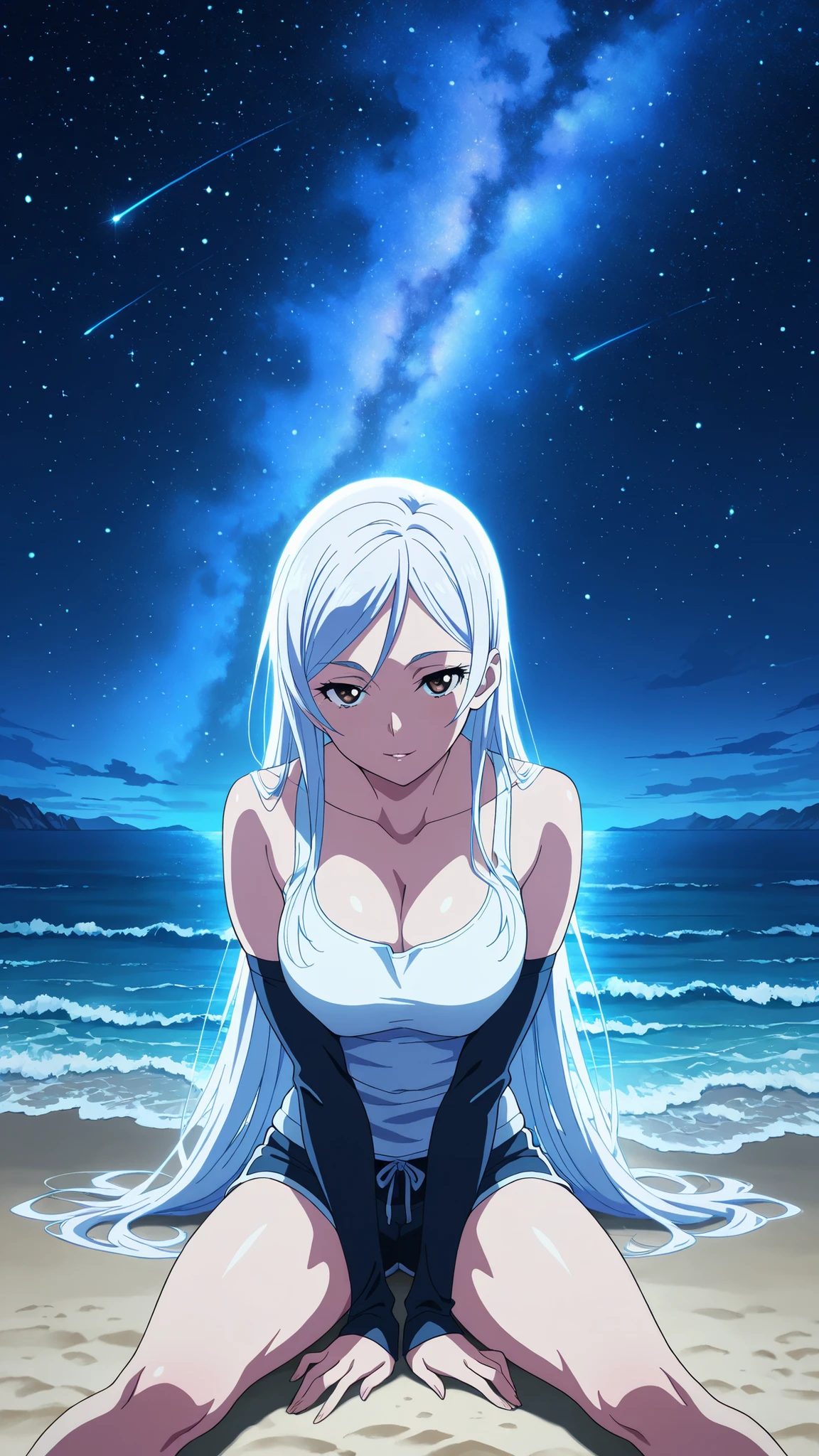 BREAK (masterpiece:1.2), best quality, high resolution, unity 8k wallpaper, (illustration:0.8),Rocky shore under a night sky filled with stars, waves glowing faintly with bioluminescence, Milky Way stretching across the horizon, cool blue tones, calm and endless, anime night scene, breathtaking and still,saeko ayase, long hair, large breasts, white hair, brown eyes, anime screencap,,cleavage, detached sleeves, shorts, tank top,looking at viewer,cowboy shot,wide-angel,seductive pose,sitting on sand,sitting on knees,