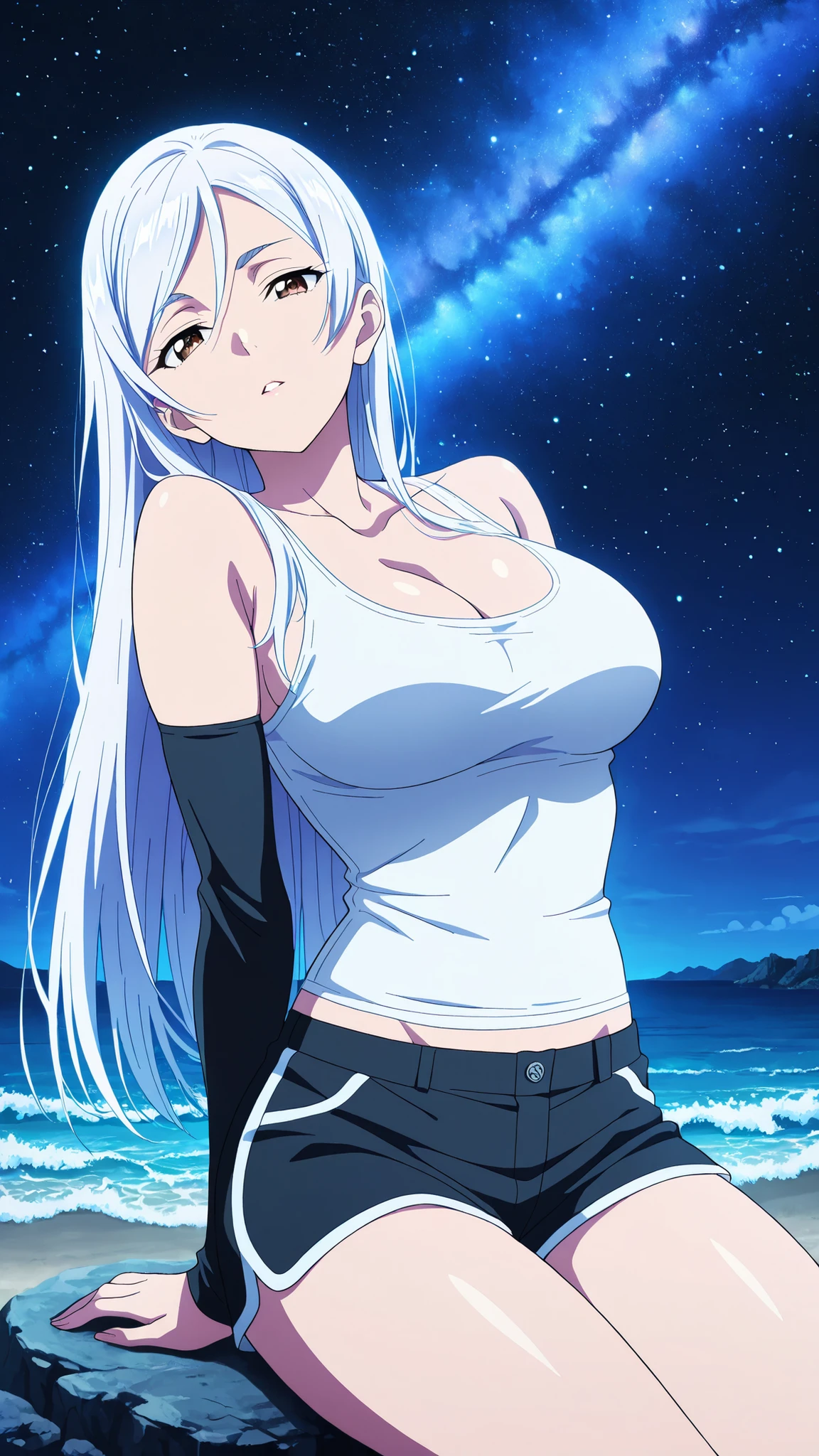 BREAK (masterpiece:1.2), best quality, high resolution, unity 8k wallpaper, (illustration:0.8),Rocky shore under a night sky filled with stars, waves glowing faintly with bioluminescence, Milky Way stretching across the horizon, cool blue tones, calm and endless, anime night scene, breathtaking and still,saeko ayase, long hair, large breasts, white hair, brown eyes, anime screencap,,cleavage, detached sleeves, shorts, tank top,looking at viewer,cowboy shot,wide-angel,seductive pose,sitting sensually, suggestive posture, leaning back with hands behind, alluring body curves, soft expression,ultra detailed, 4k,sitting on rock