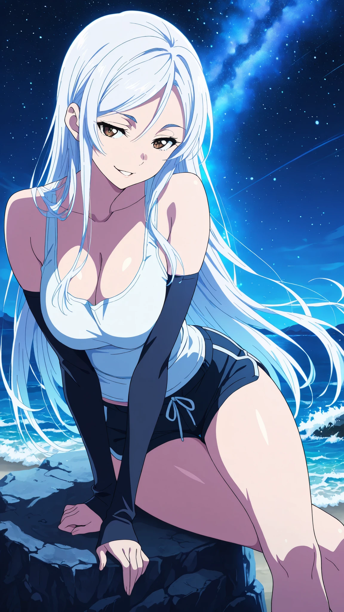 BREAK (masterpiece:1.2), best quality, high resolution, unity 8k wallpaper, (illustration:0.8),Rocky shore under a night sky filled with stars, waves glowing faintly with bioluminescence, Milky Way stretching across the horizon, cool blue tones, calm and endless, anime night scene, breathtaking and still,saeko ayase, long hair, large breasts, white hair, brown eyes, anime screencap,,cleavage, detached sleeves, shorts, tank top,looking at viewer,cowboy shot,wide-angel,seductive pose,sitting gracefully, seductive pose, crossed legs, slightly arched back, soft gaze,high detail, 4k illustration,naughty face,focus on legs,sitting on rock