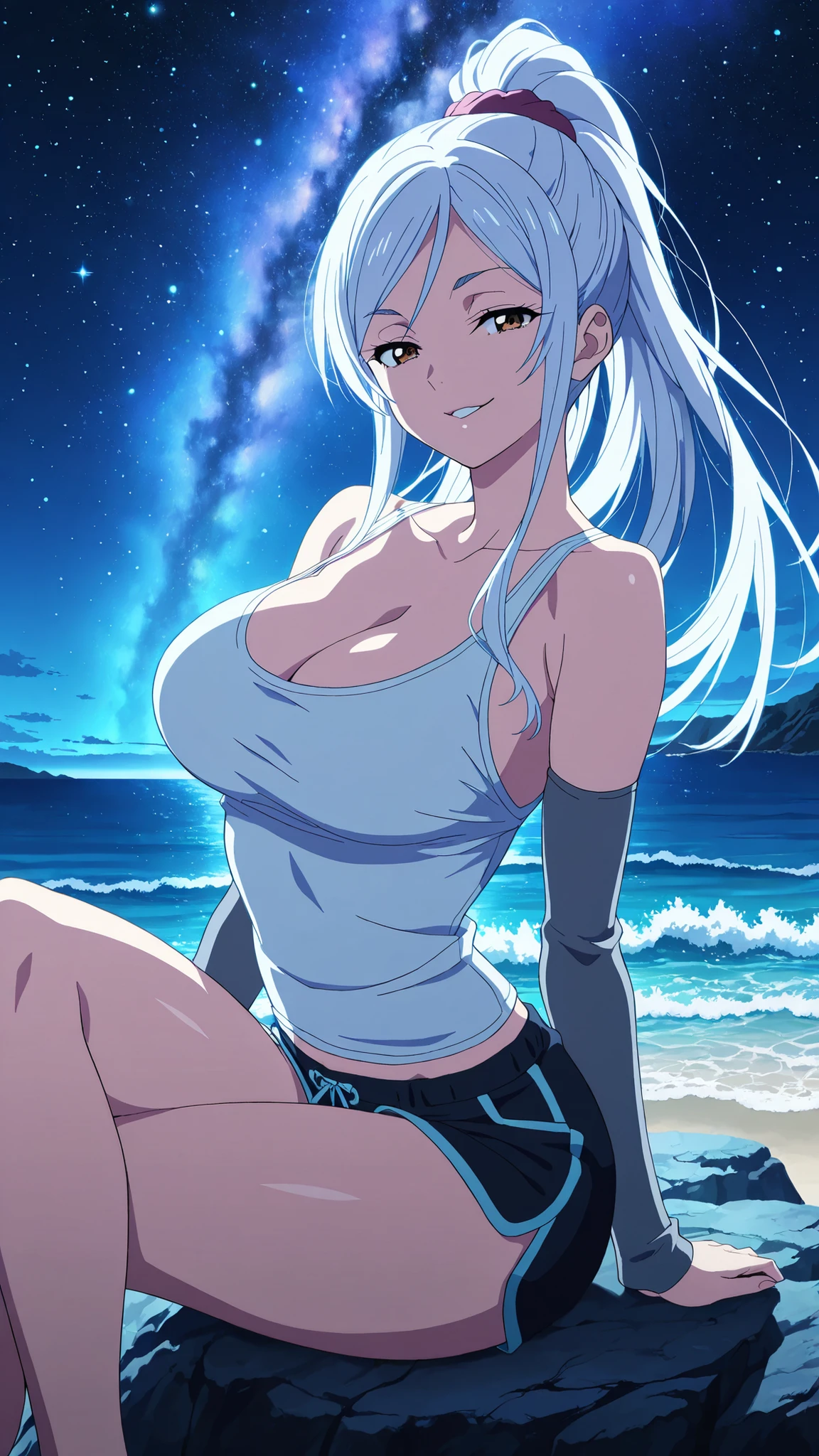 BREAK (masterpiece:1.2), best quality, high resolution, unity 8k wallpaper, (illustration:0.8),Rocky shore under a night sky filled with stars, waves glowing faintly with bioluminescence, Milky Way stretching across the horizon, cool blue tones, calm and endless, anime night scene, breathtaking and still,saeko ayase, long hair, large breasts, white hair, brown eyes, anime screencap,,cleavage, detached sleeves, shorts, tank top,looking at viewer,cowboy shot,wide-angel,seductive pose,sitting gracefully, seductive pose, crossed legs, slightly arched back, soft gaze,high detail, 4k illustration,naughty face,focus on legs,sitting on rock